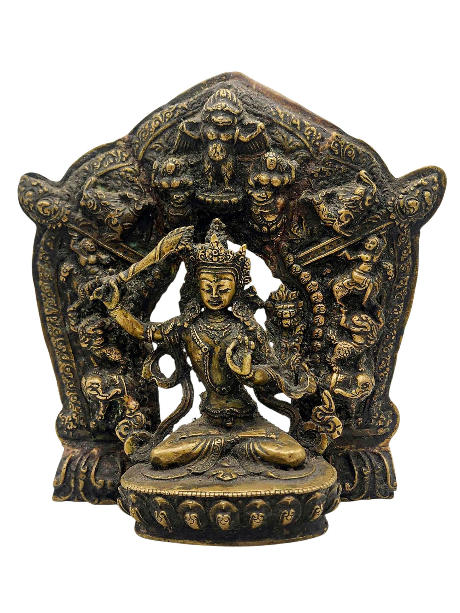 [manjushri] With Various God In Background, Buddhist Handmade Statue, [antique Finishing]