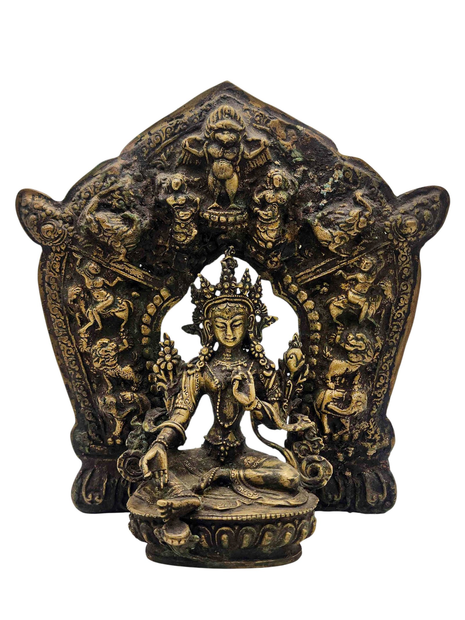 [green Tara], With Various God In Background, Buddhist Handmade Statue, [antique Finishing]