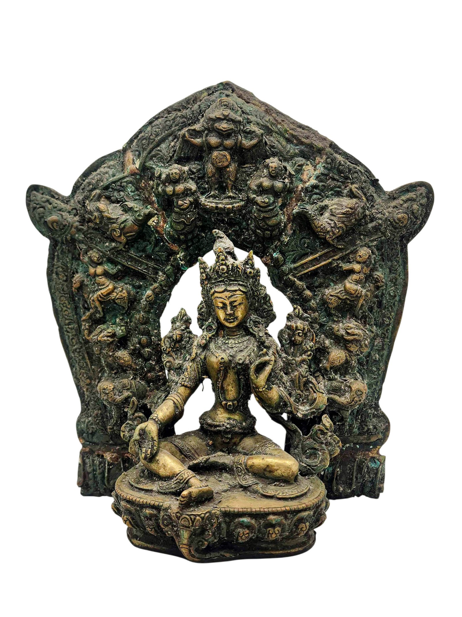 [green Tara], With Various God In Background, Buddhist Handmade Statue, [antique Finishing]