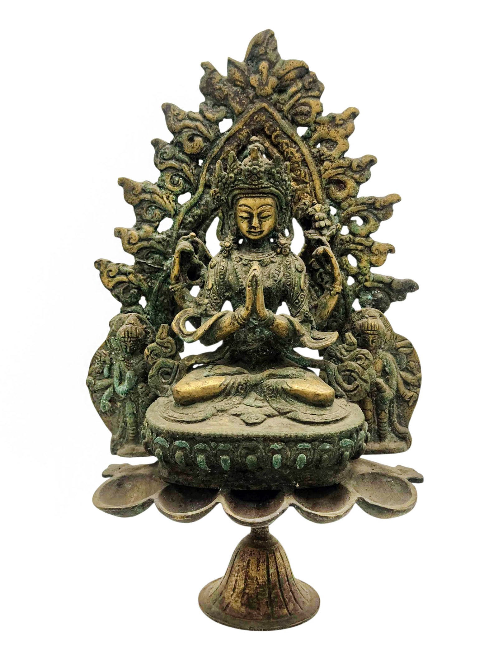 Chenrezig, Buddhist Handmade Statue With Oil Lamp, Antique Finishing