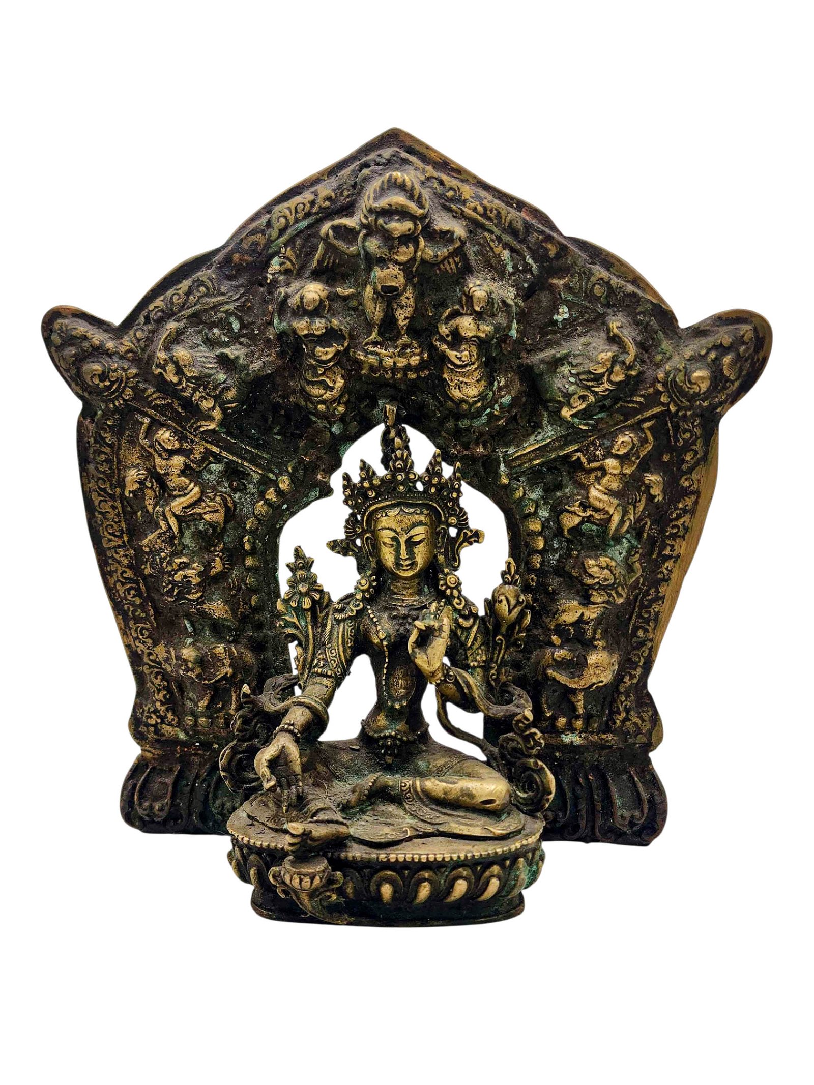 [green Tara] With Various God In Background, Buddhist Handmade Statue, [antique Finishing]