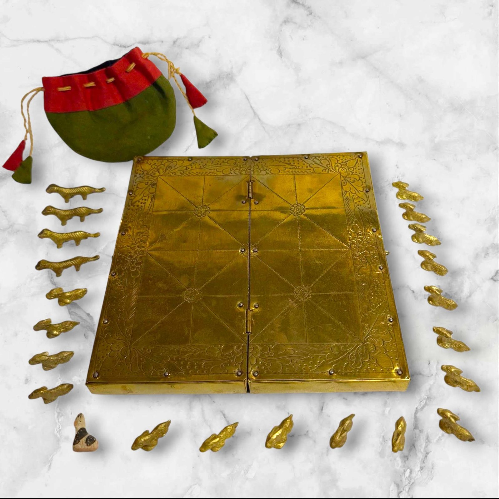 Handmade Brass Bagh Chal Game Set (tiger & Goats) – Traditional Nepali Strategy Board - Medium Size