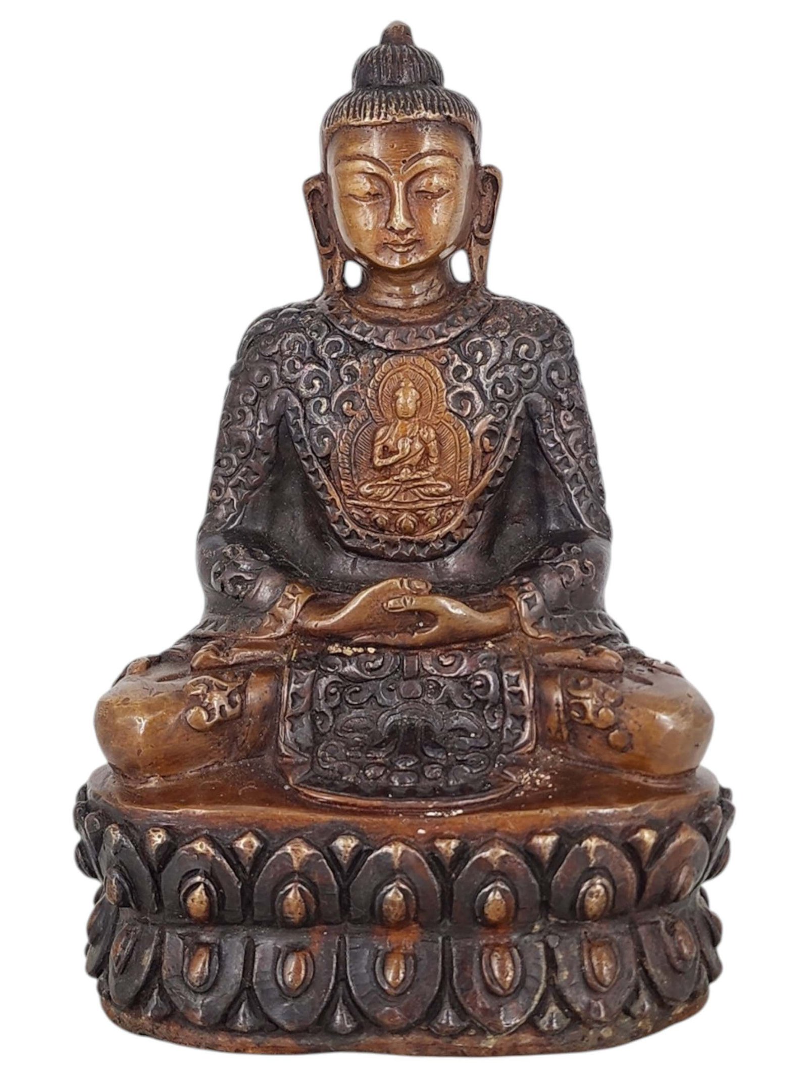 Japanese Amitabha Buddha Statue Handmade, Double-Tone Chocolate Finish With Life Story