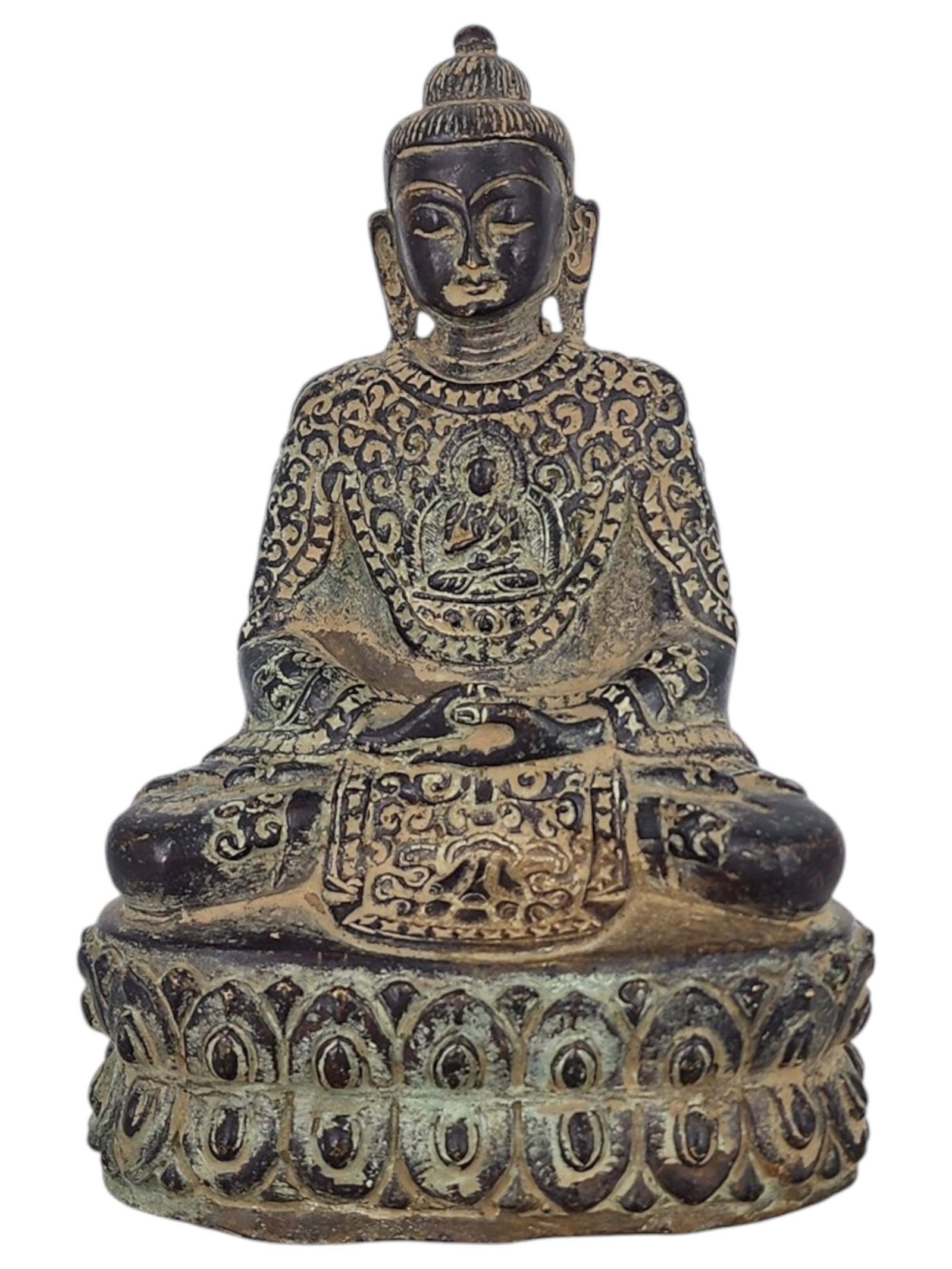 Japanese Amitabha Buddha Statue Handmade, Antique Finish With Life Story Engraving