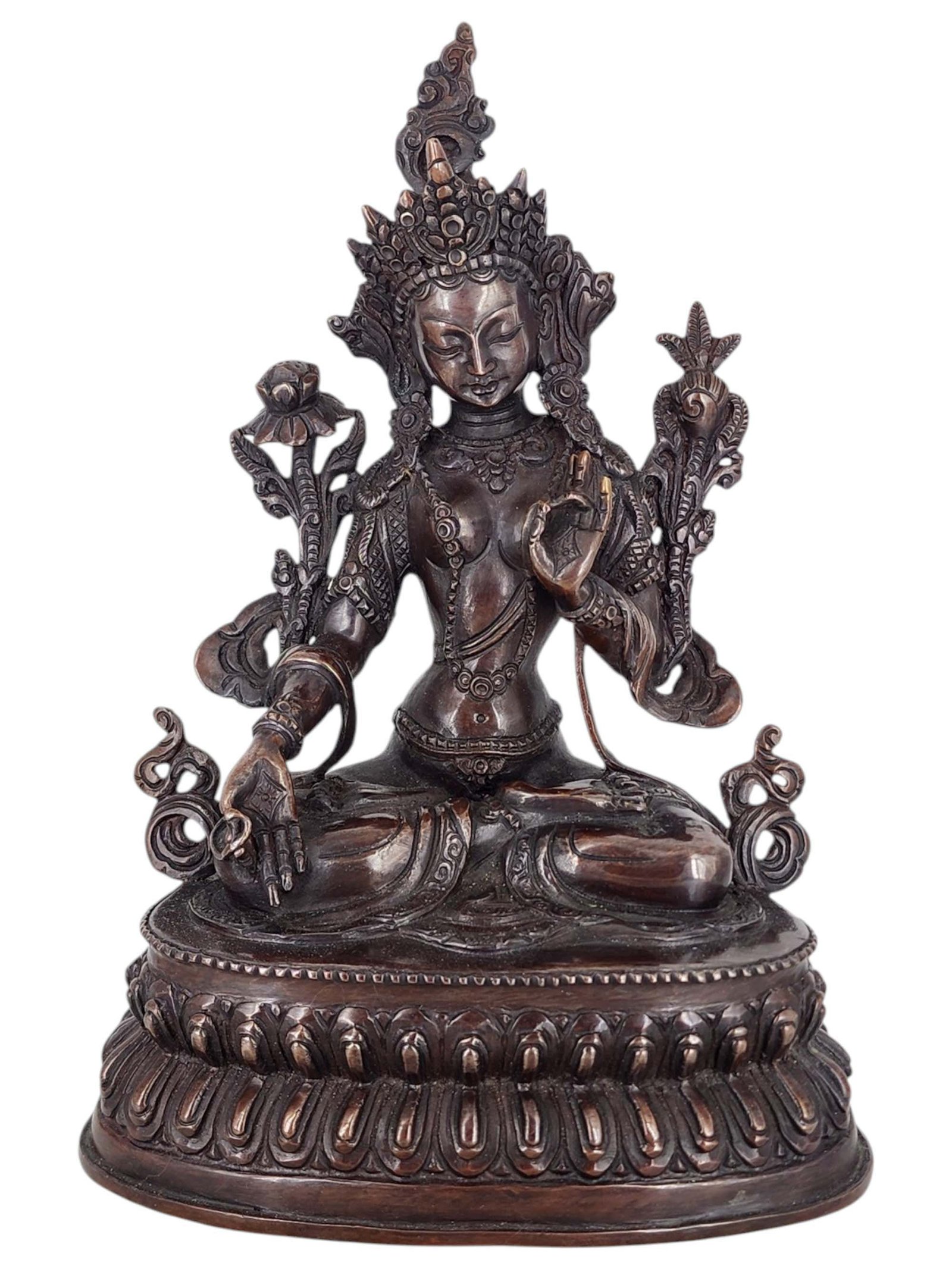 White Tara Statue Handmade, Chocolate Oxidized, Double Lotus Base