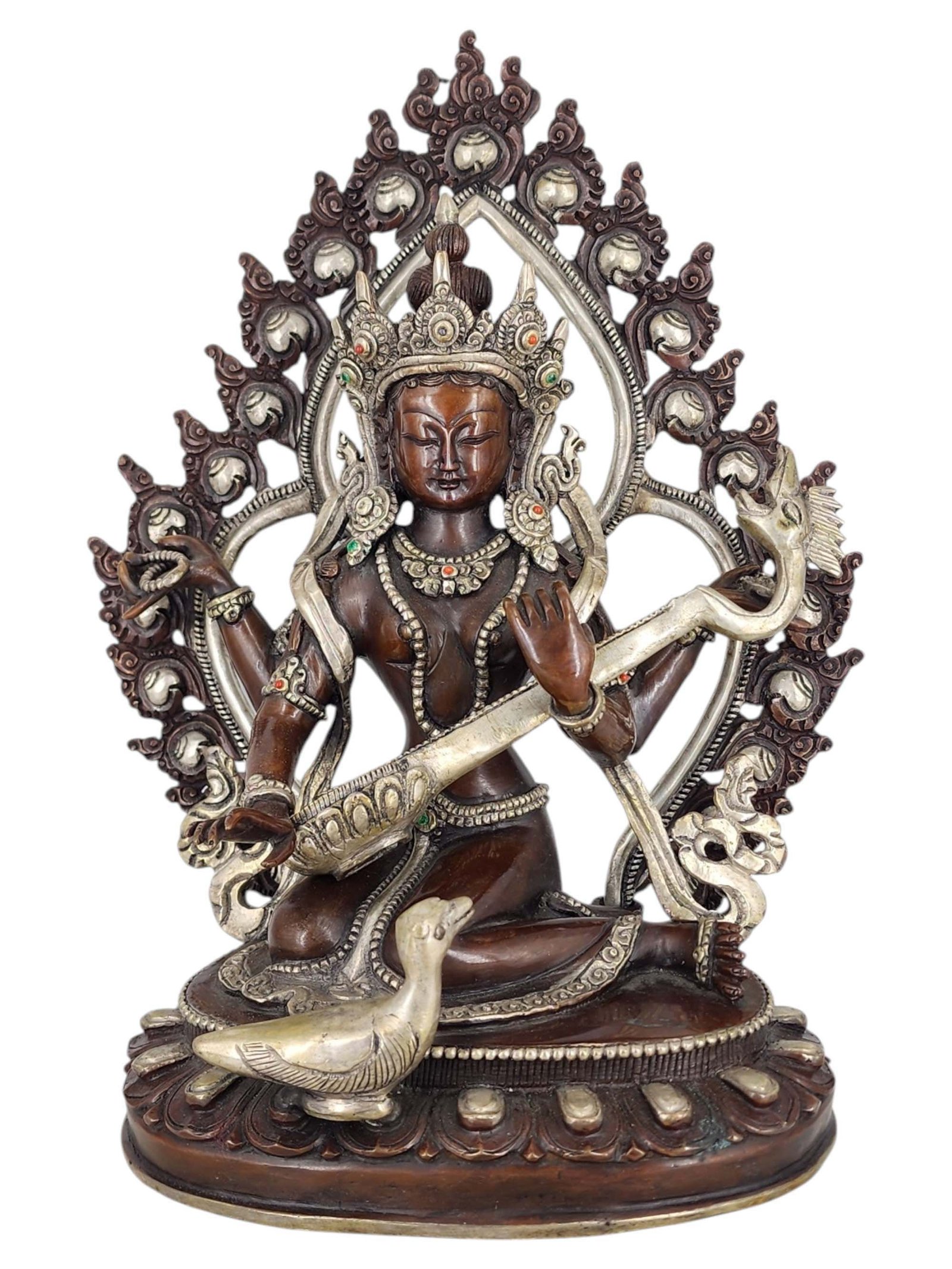 Saraswati Statue Handmade Buddhist Sculpture, Chocolate Oxidized, Silver Plated