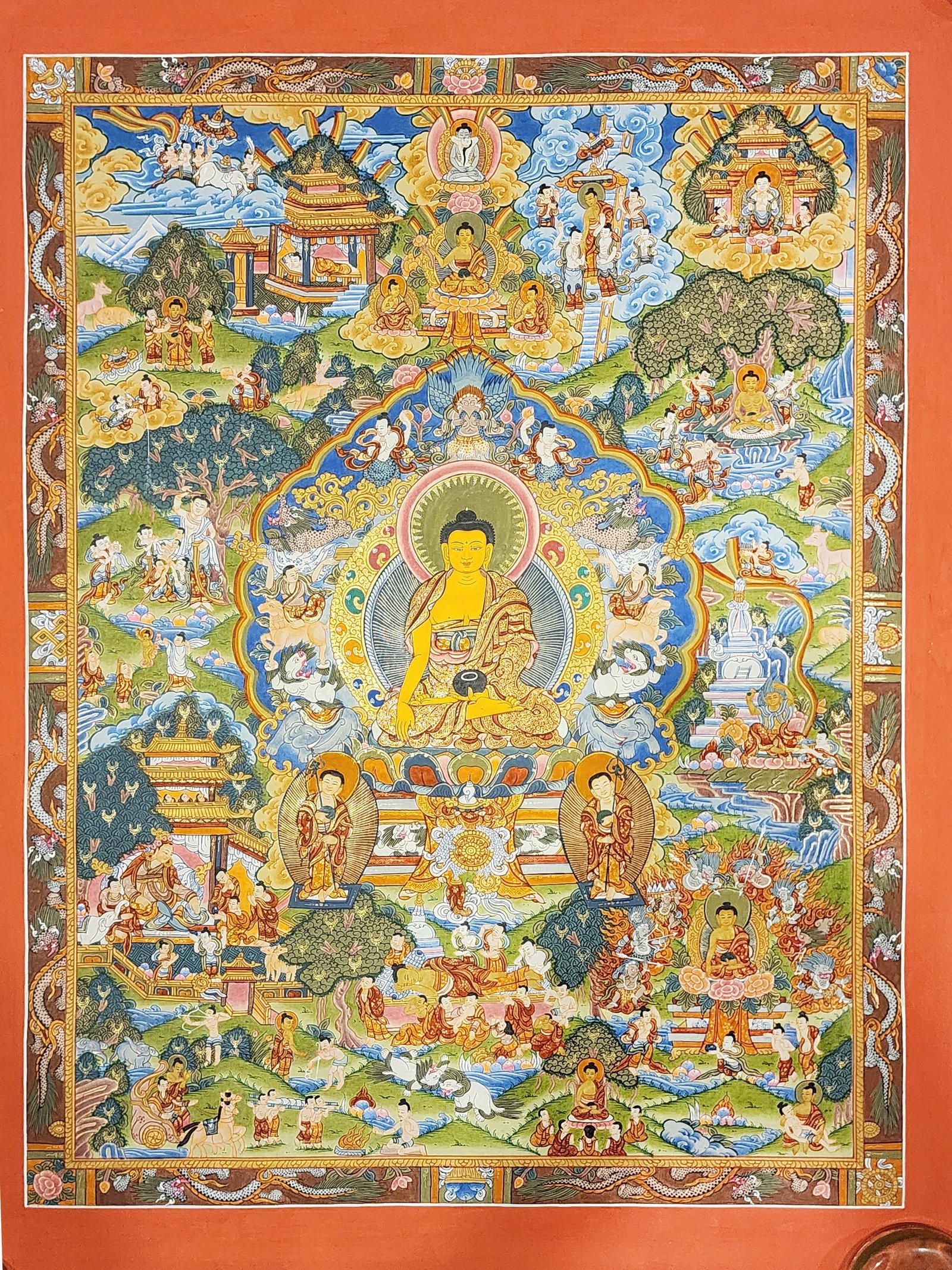 Buddha Life Story Thangka Statue Hand,Painted Tibetan Artwork With Real Gold .