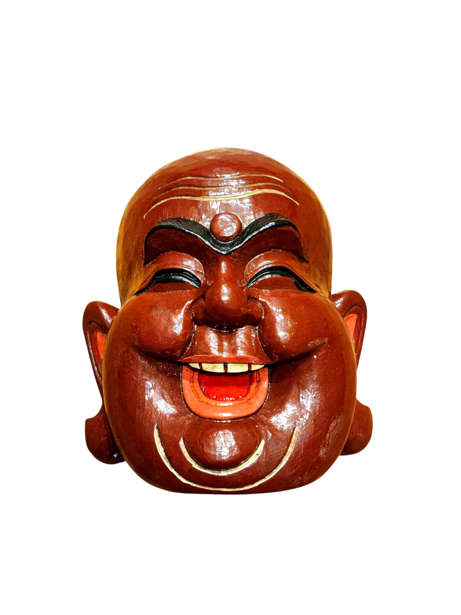 Handcrafted Laughing Buddha Wooden Mask, Tibetan Style Wall Decor, Poplar Wood, Traditional Colors