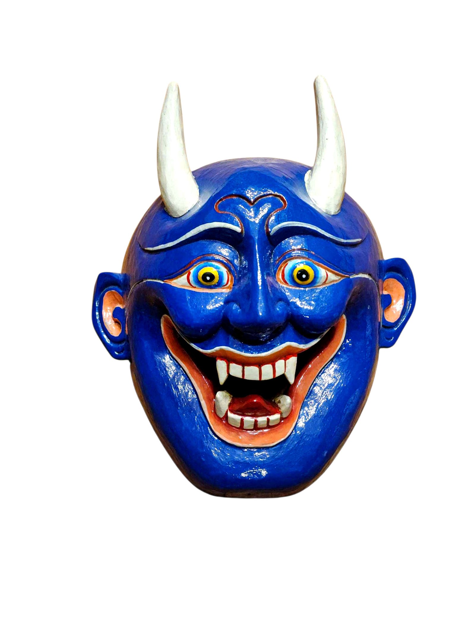 Handcrafted Oni Demon Wooden Mask, Tibetan Style Wall Decor, Poplar Wood, Traditional Colors