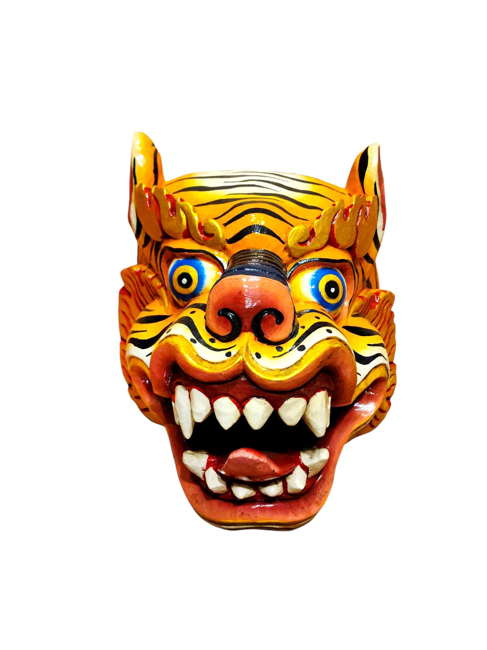 Artisan Tiger Head Wooden Mask, Tibetan Style Craft, Poplar Wood, Classic Traditional Colors