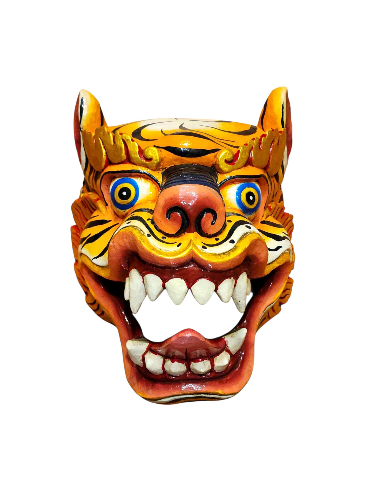 Decorative Tiger Head Wooden Mask, Tibetan Art Design, Carved Poplar Wood, Traditional Finish