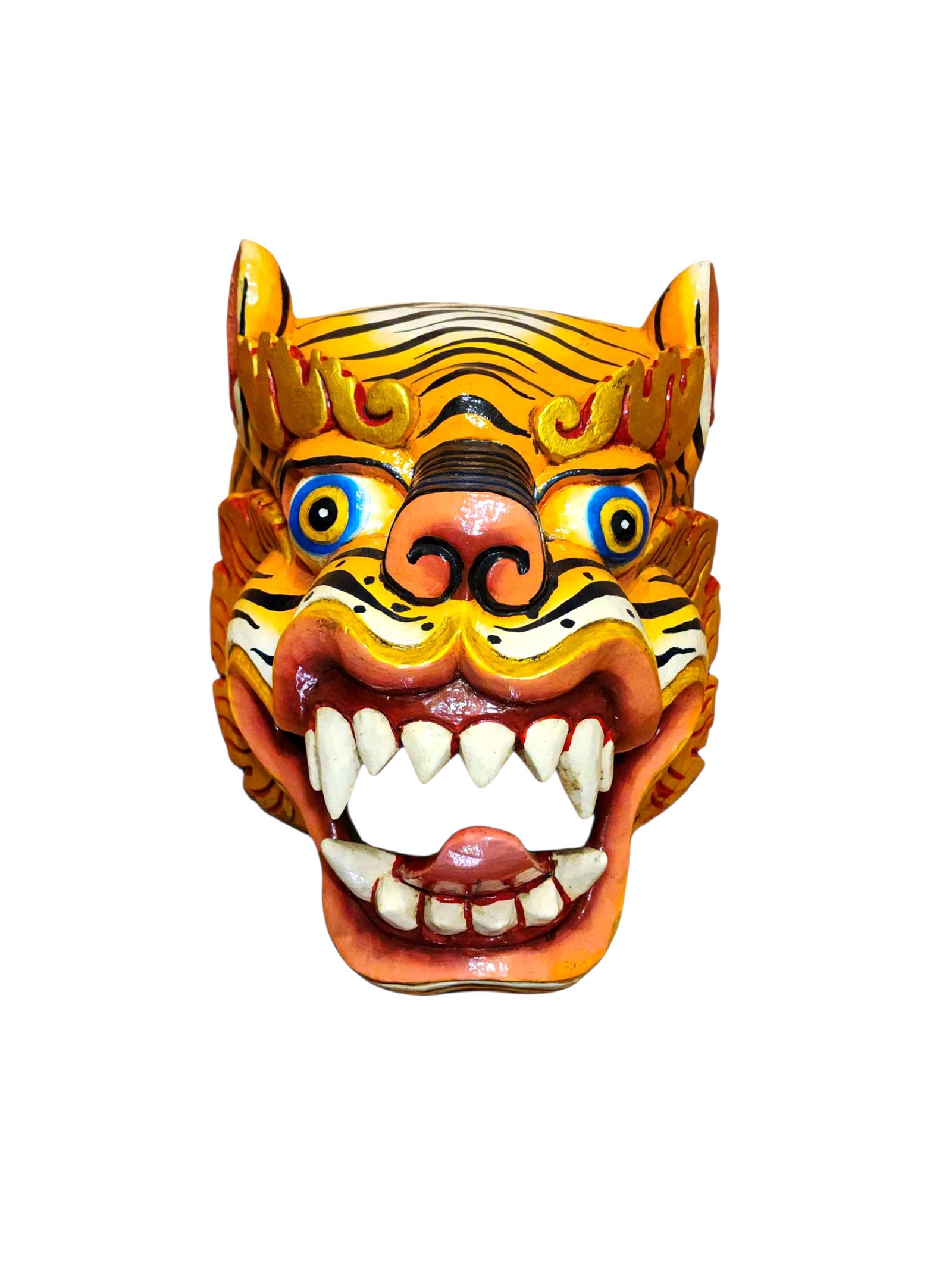 Handcrafted Tiger Head Wooden Mask, Tibetan Style Wall Decor, Poplar Wood, Traditional Colors