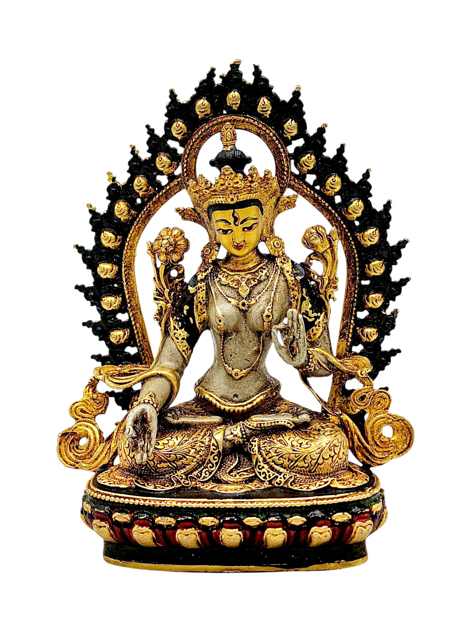 [white Tara], Buddhist Miniature Statue, [partly Gold Plated Finish], [thangka Color Finish], [hand Painted Face]