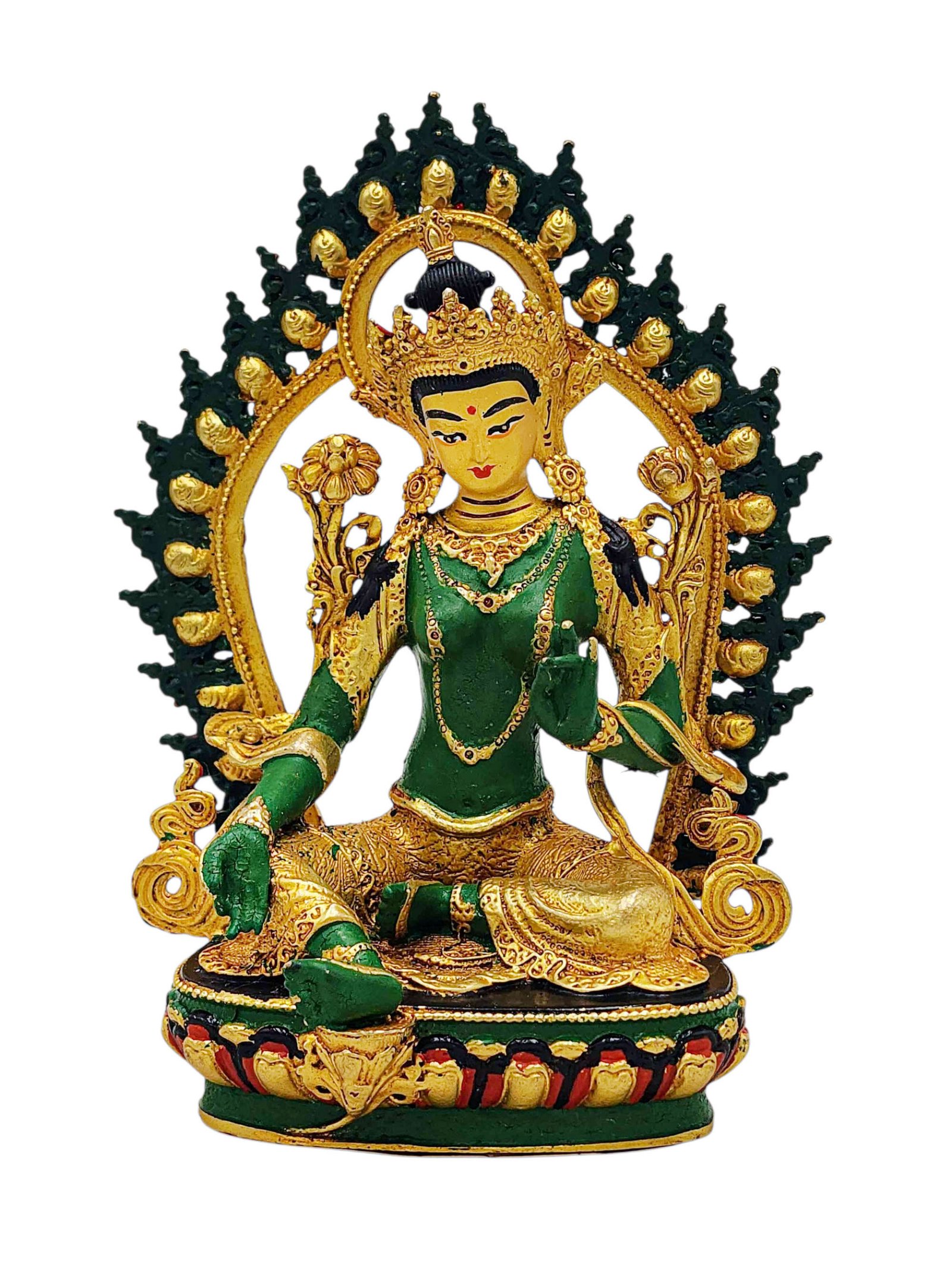 [green Tara], Buddhist Miniature Statue, [partly Gold Plated Finish], [thangka Color Finish], [hand Painted Face]