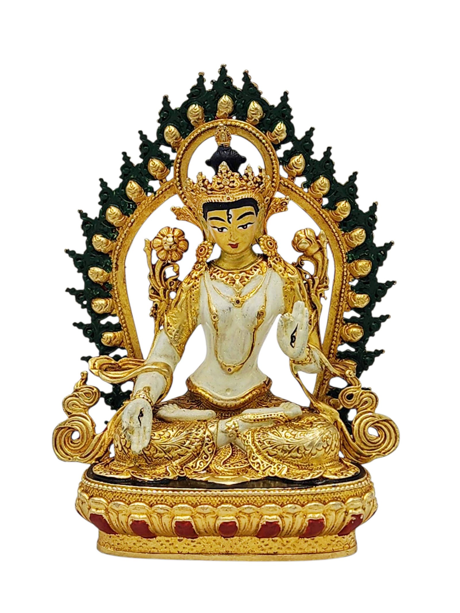 [white Tara], Buddhist Miniature Statue, [partly Gold Plated Finish], [thangka Color Finish], [hand Painted Face]