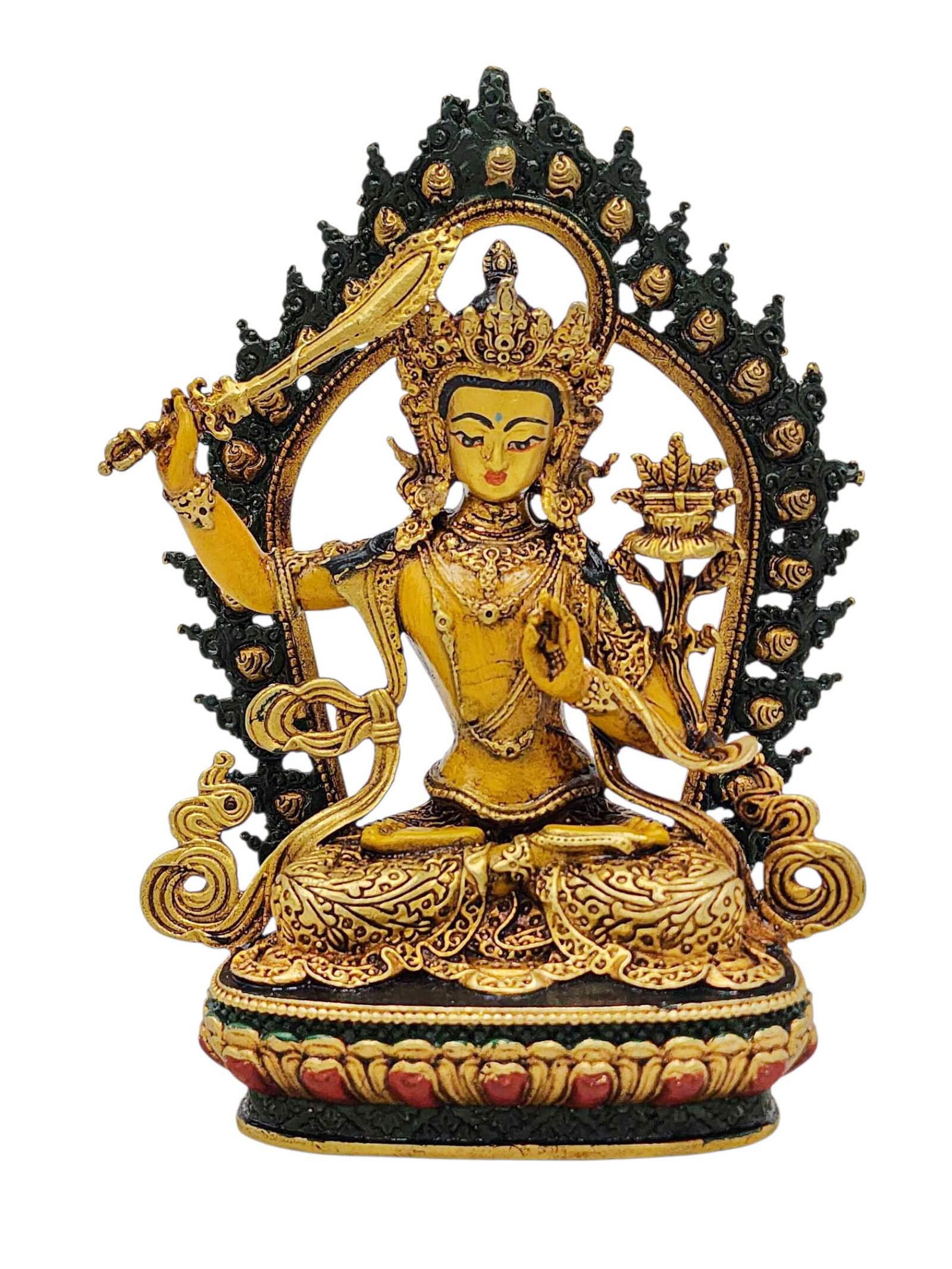 [manjushri], Buddhist Miniature Statue, [partly Gold Plated Finish], [thangka Color Finish], [hand Painted Face]