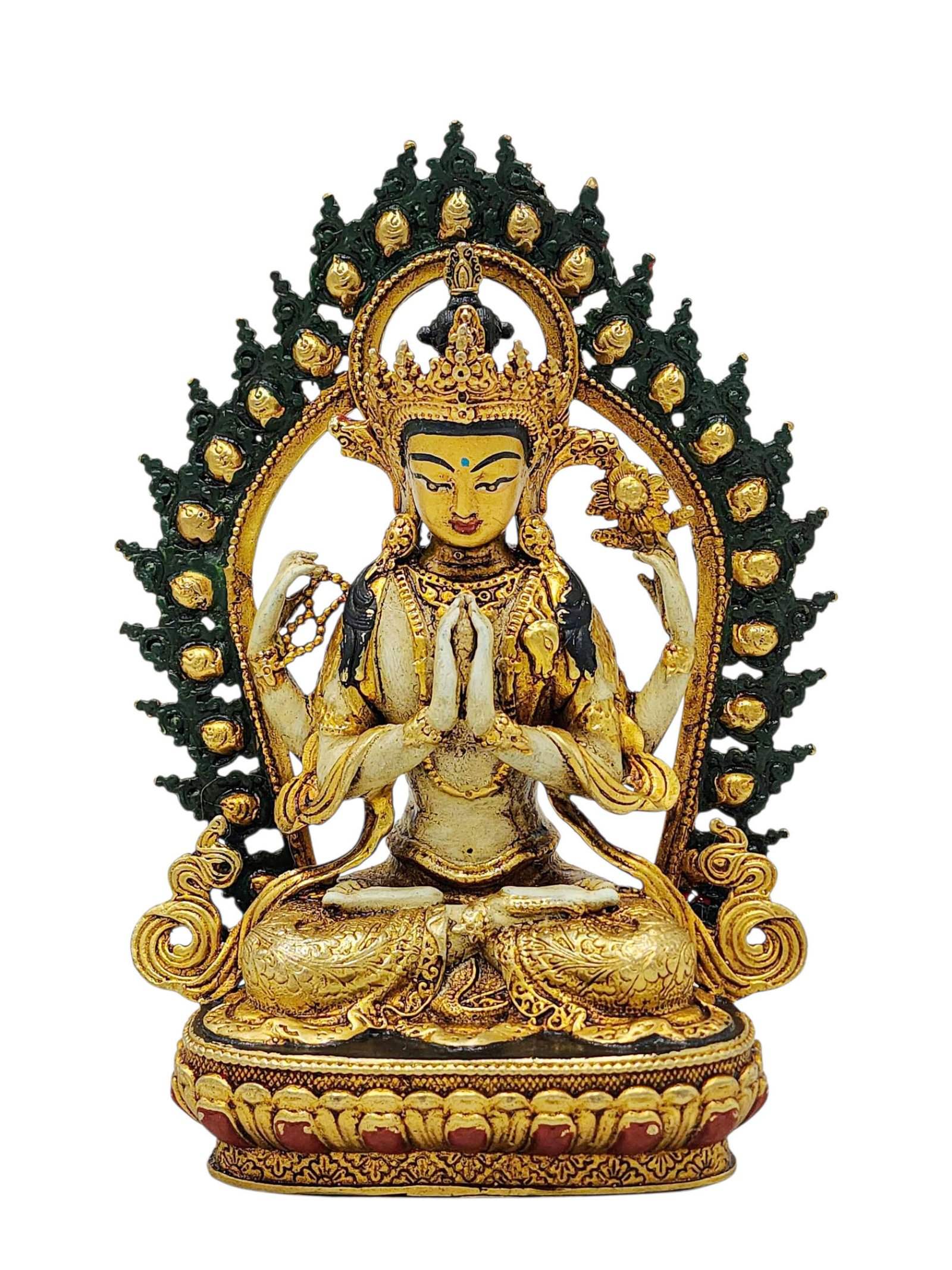 [chenrezig], Buddhist Miniature Statue, [partly Gold Plated Finish], [thangka Color Finish], [hand Painted Face]