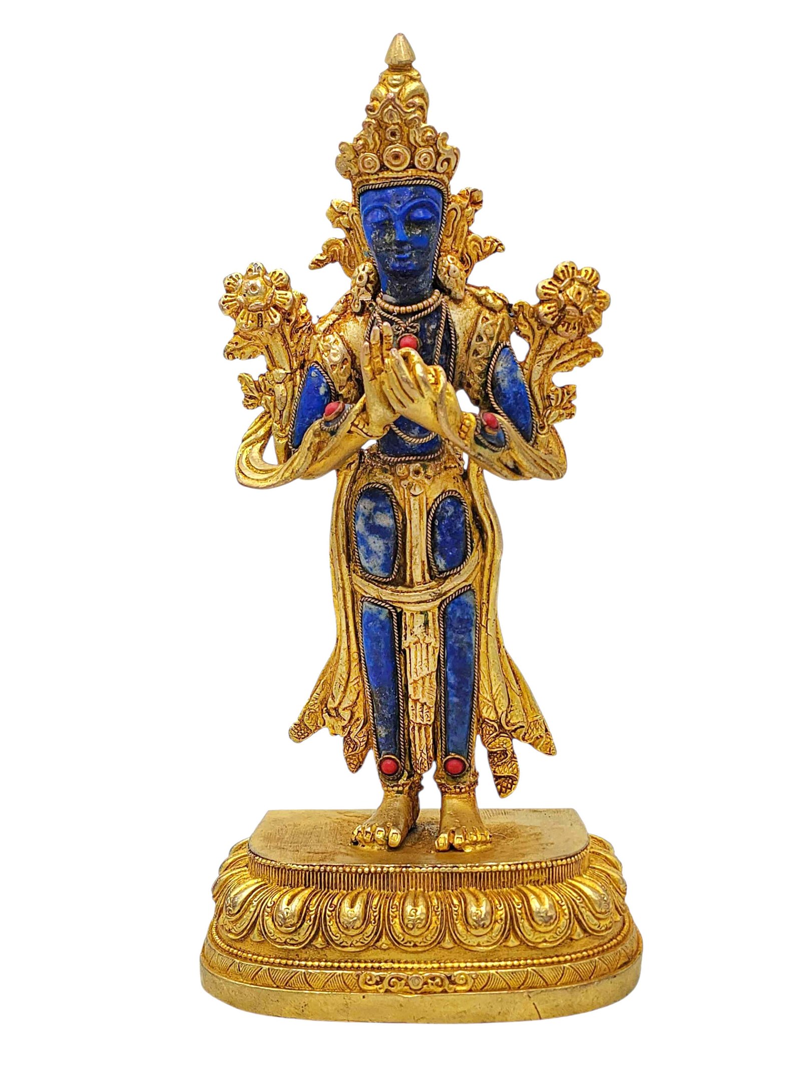 [standing Maitreya Buddha], Buddhist Miniature Statue, [full Gold Plated Finish], [stone Setting], [lapis Inlay]