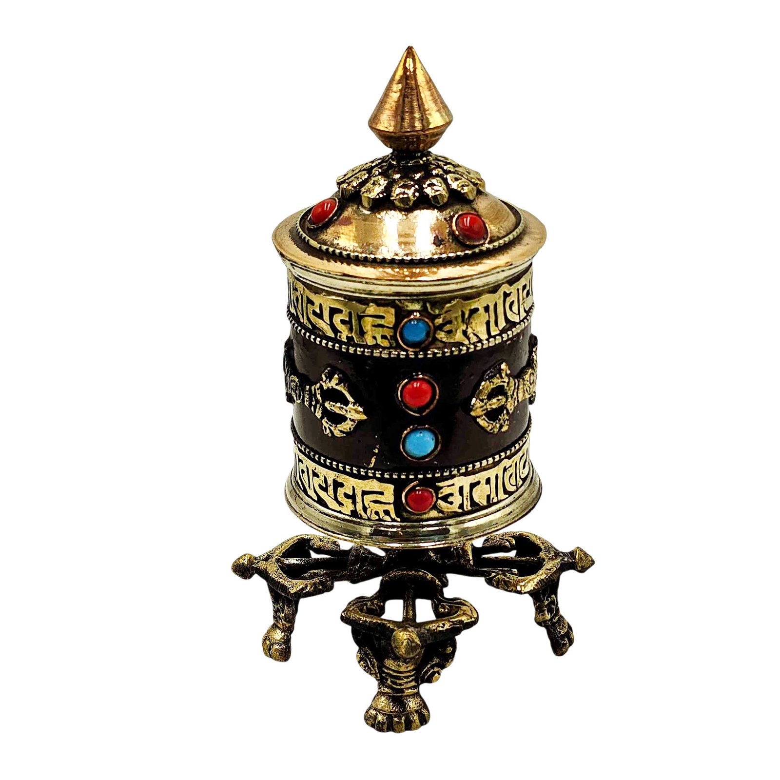 Buddhist Metal Prayer Wheel Table Top, OMPH Mantra With Stone Setting And Dorje Design
