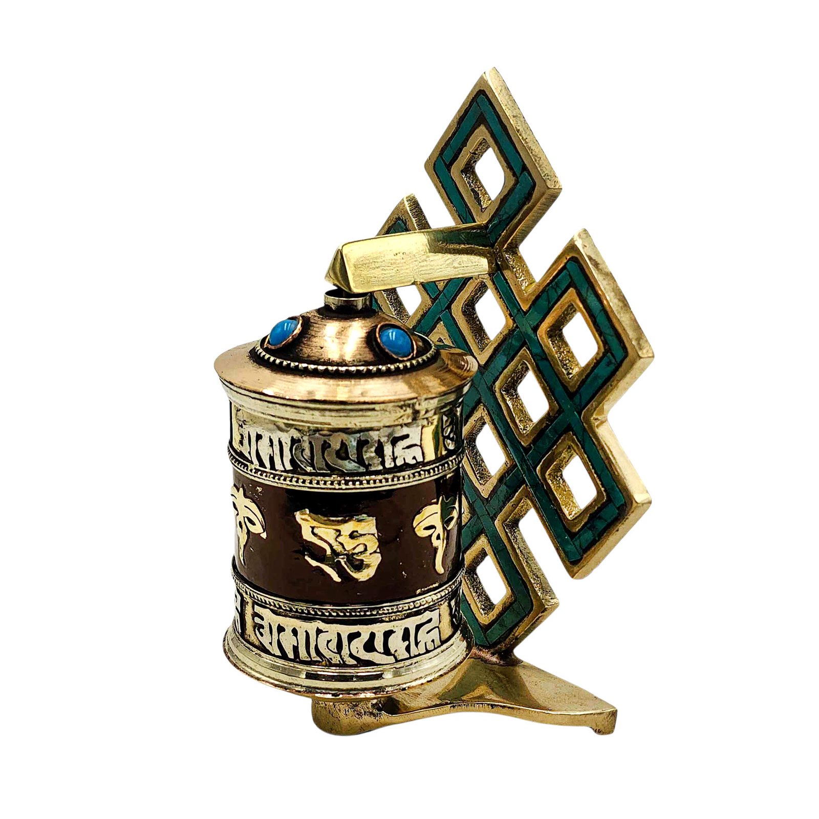 Buddhist Metal Prayer Wheel Table Top, OMPH Mantra With Stone Setting And Endless Knot Design