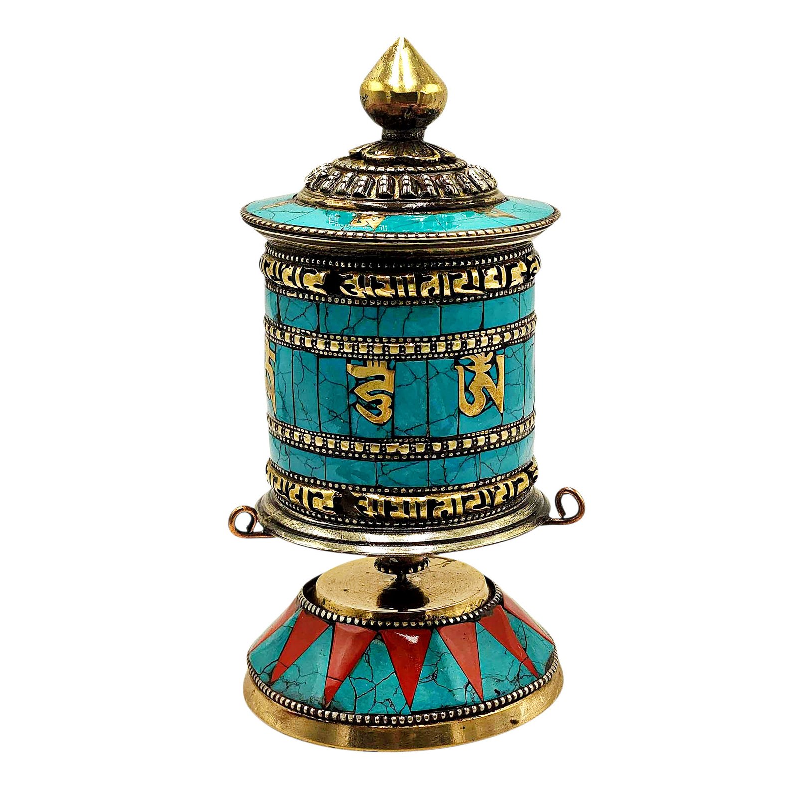 Buddhist Metal Prayer Wheel Table Top, OMPH Mantra With Stone Setting Design