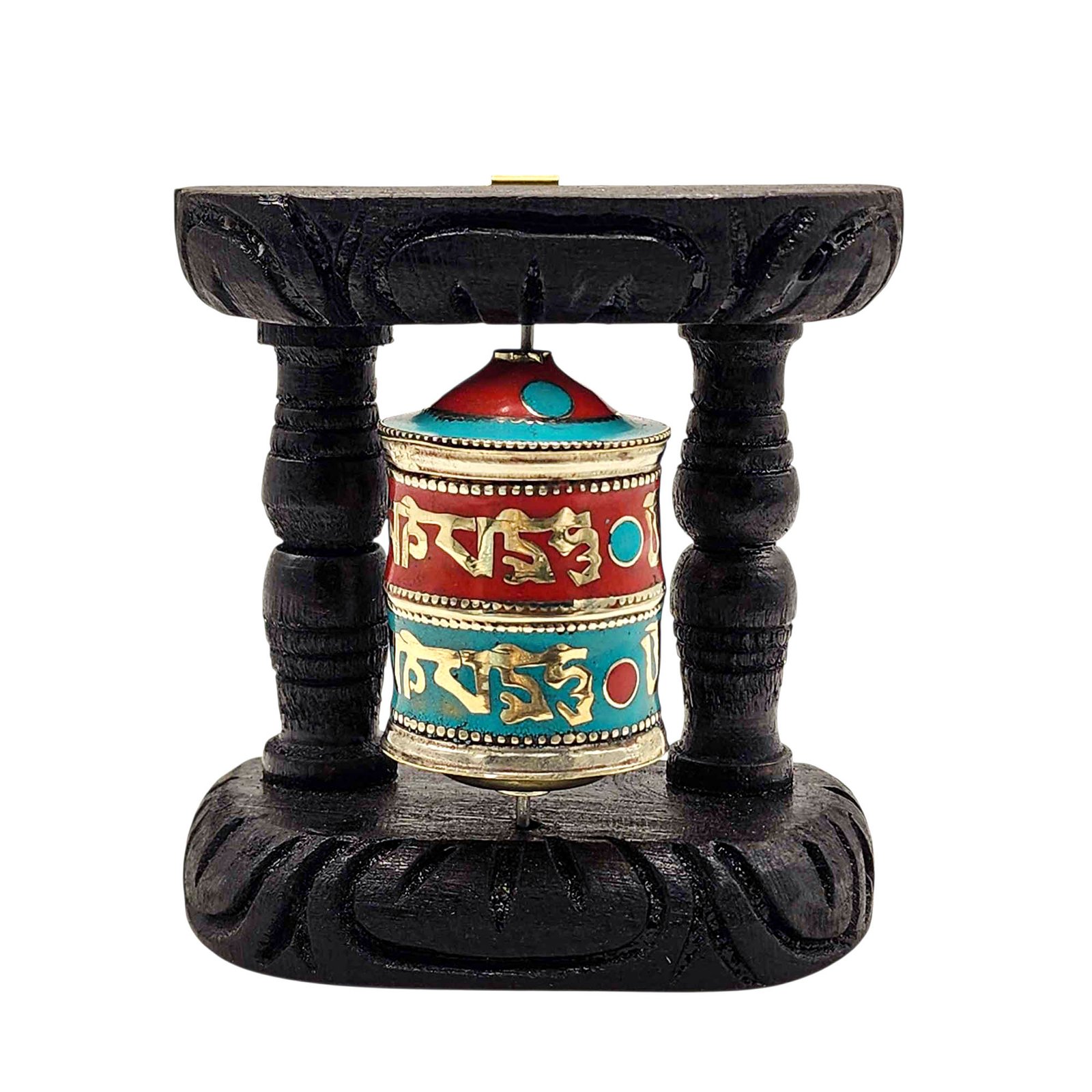 Handmade Buddhist Wall Prayer Wheel With Mantra Inside, Stone Setting, OMPH, Wall Mountable