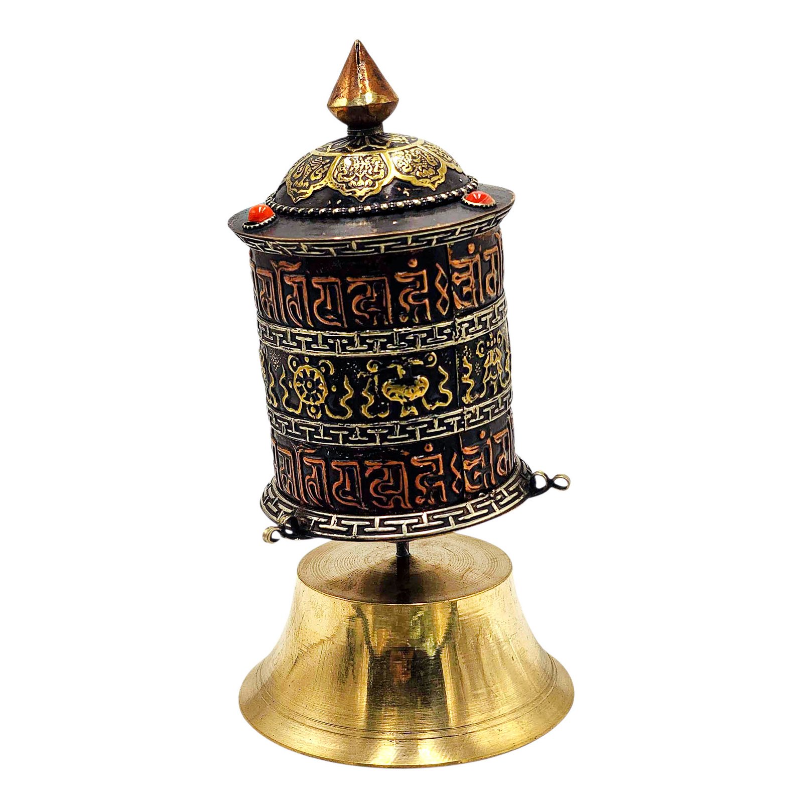 Buddhist Metal Prayer Wheel Table Top, OMPH Mantra With Ashtamangala Symbols