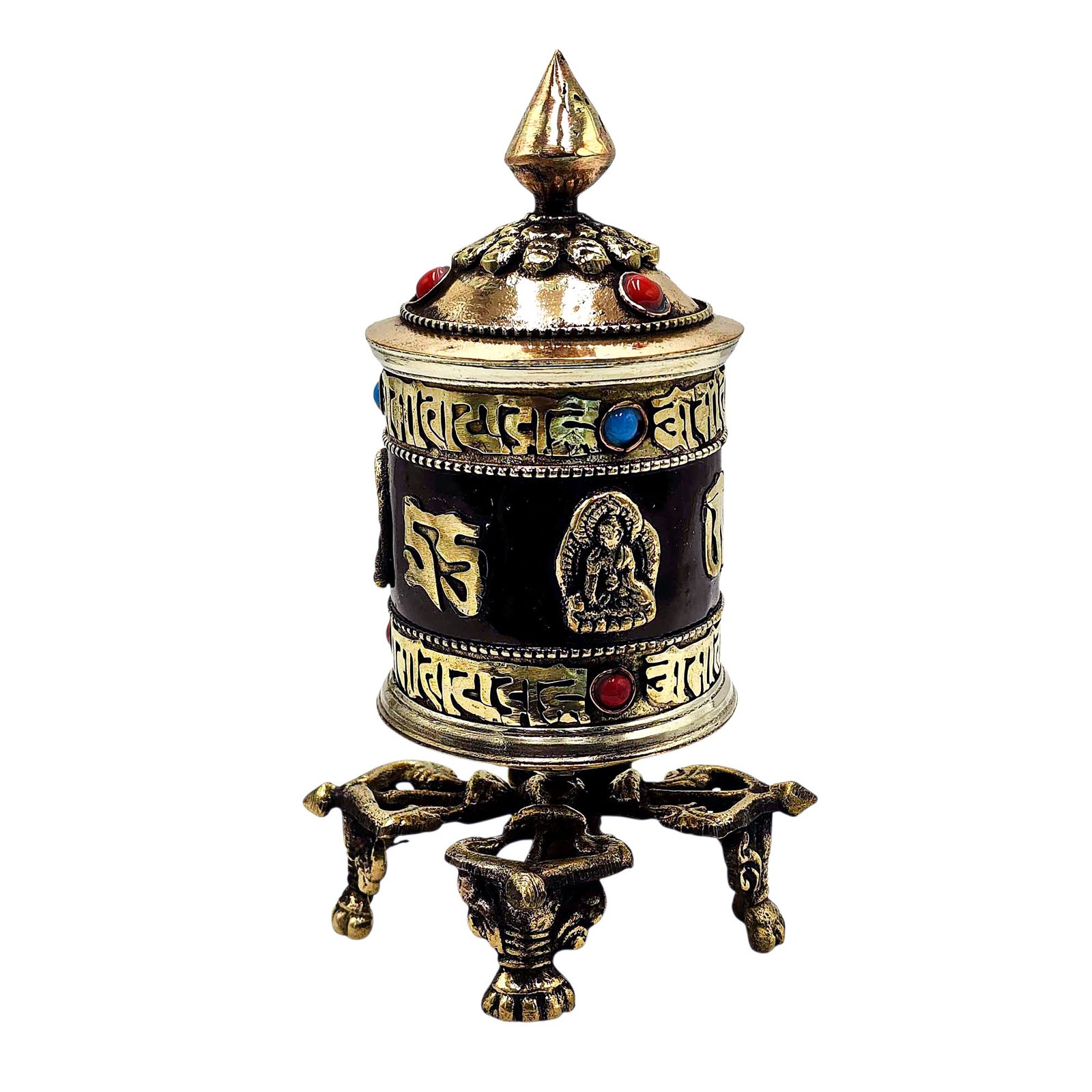 Buddhist Metal Prayer Wheel Table Top, OMPH Mantra With Pancha Buddha Design