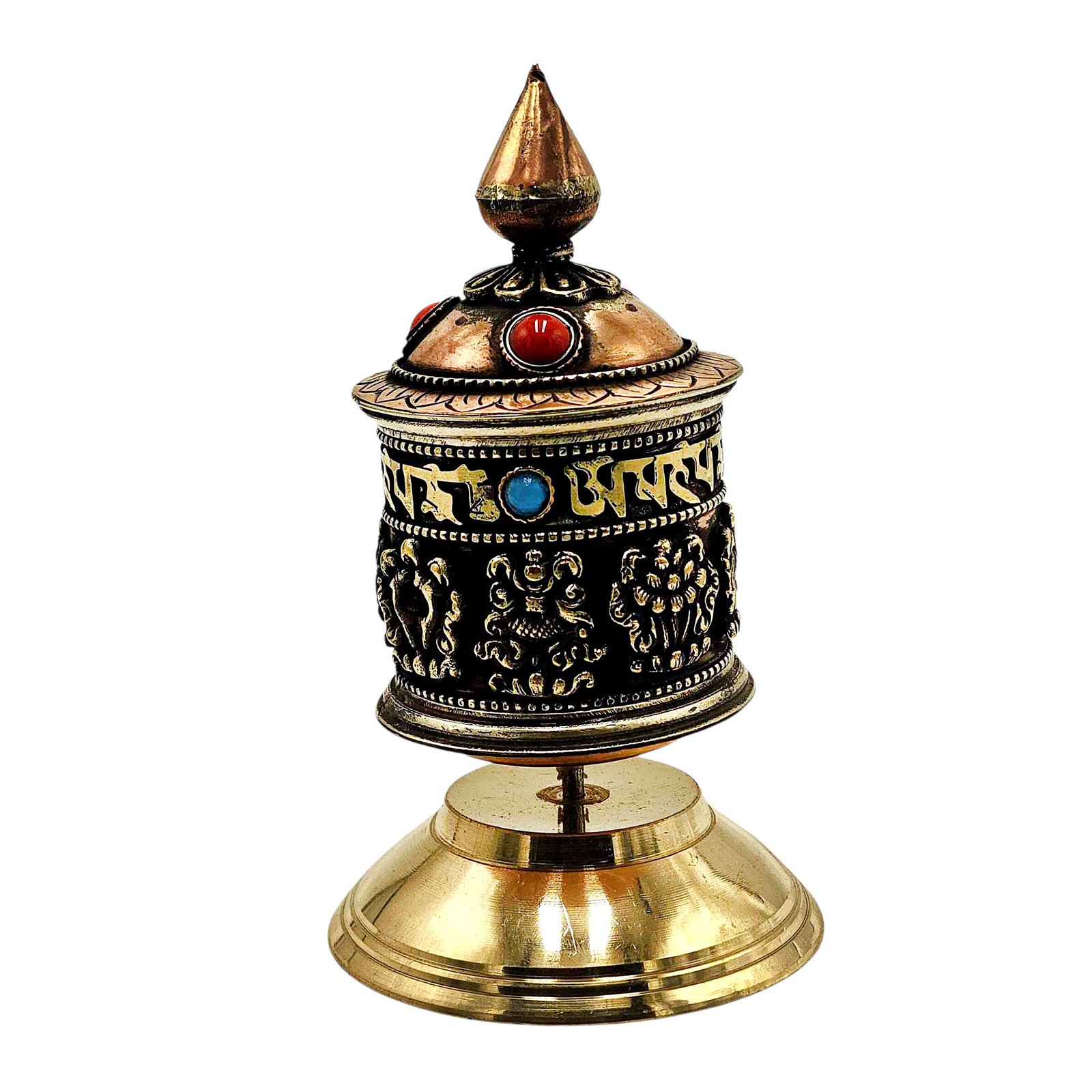 Buddhist Metal Prayer Wheel Table Top, OMPH Mantra With Ashtamangala Symbols