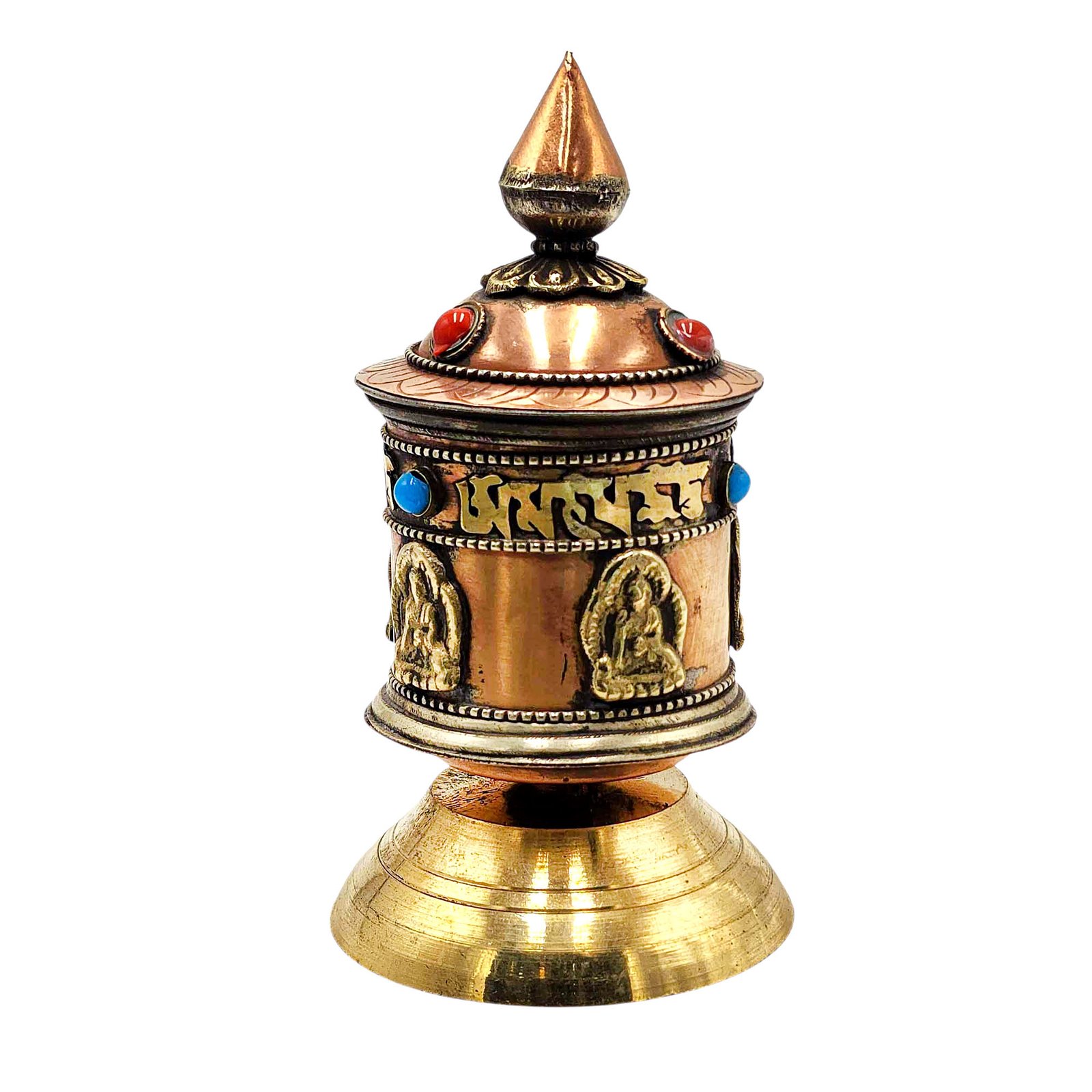 Buddhist Metal Prayer Wheel Table Top, OMPH Mantra With Pancha Buddha Design