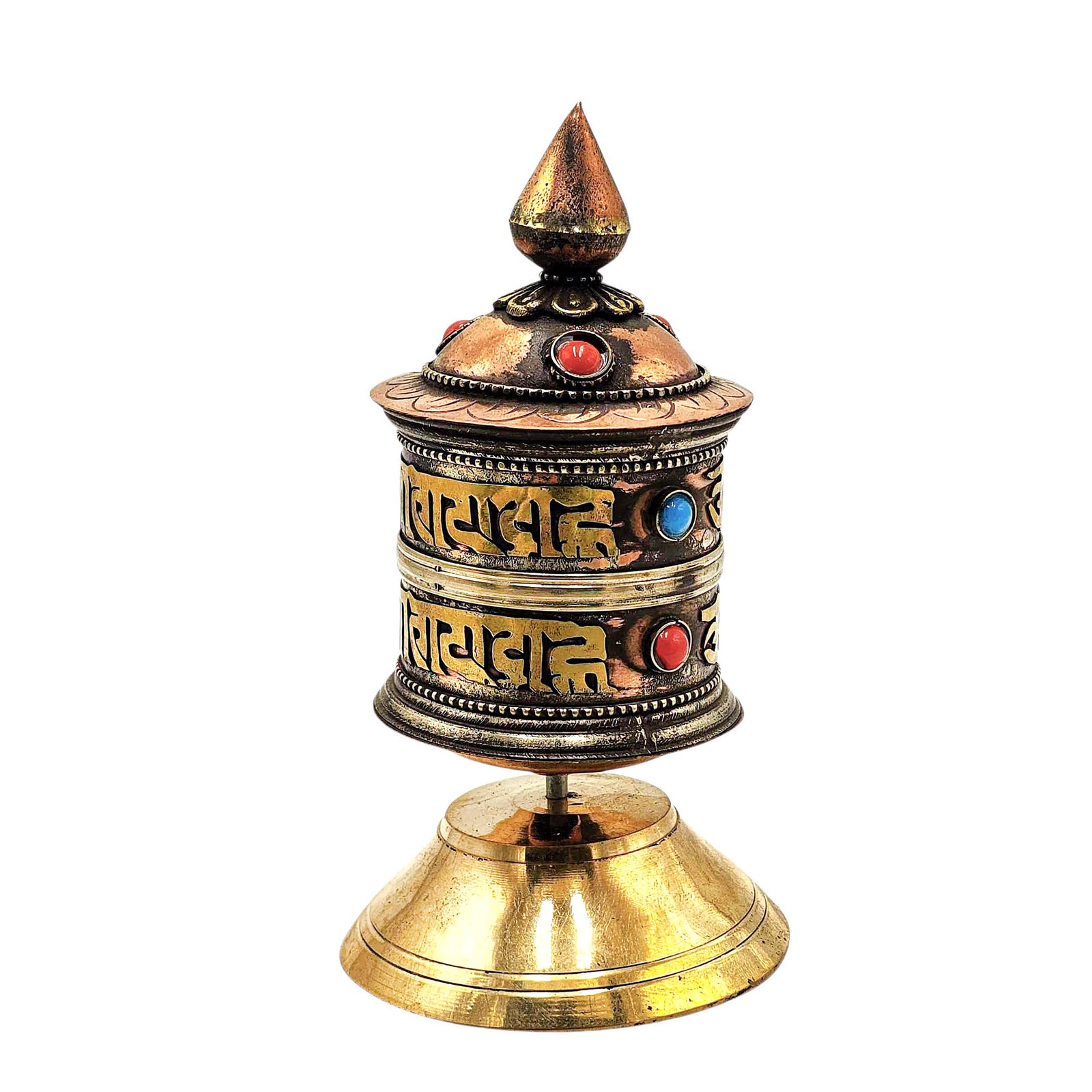 Buddhist Metal Prayer Wheel Table Top, OMPH Mantra Decorative Design