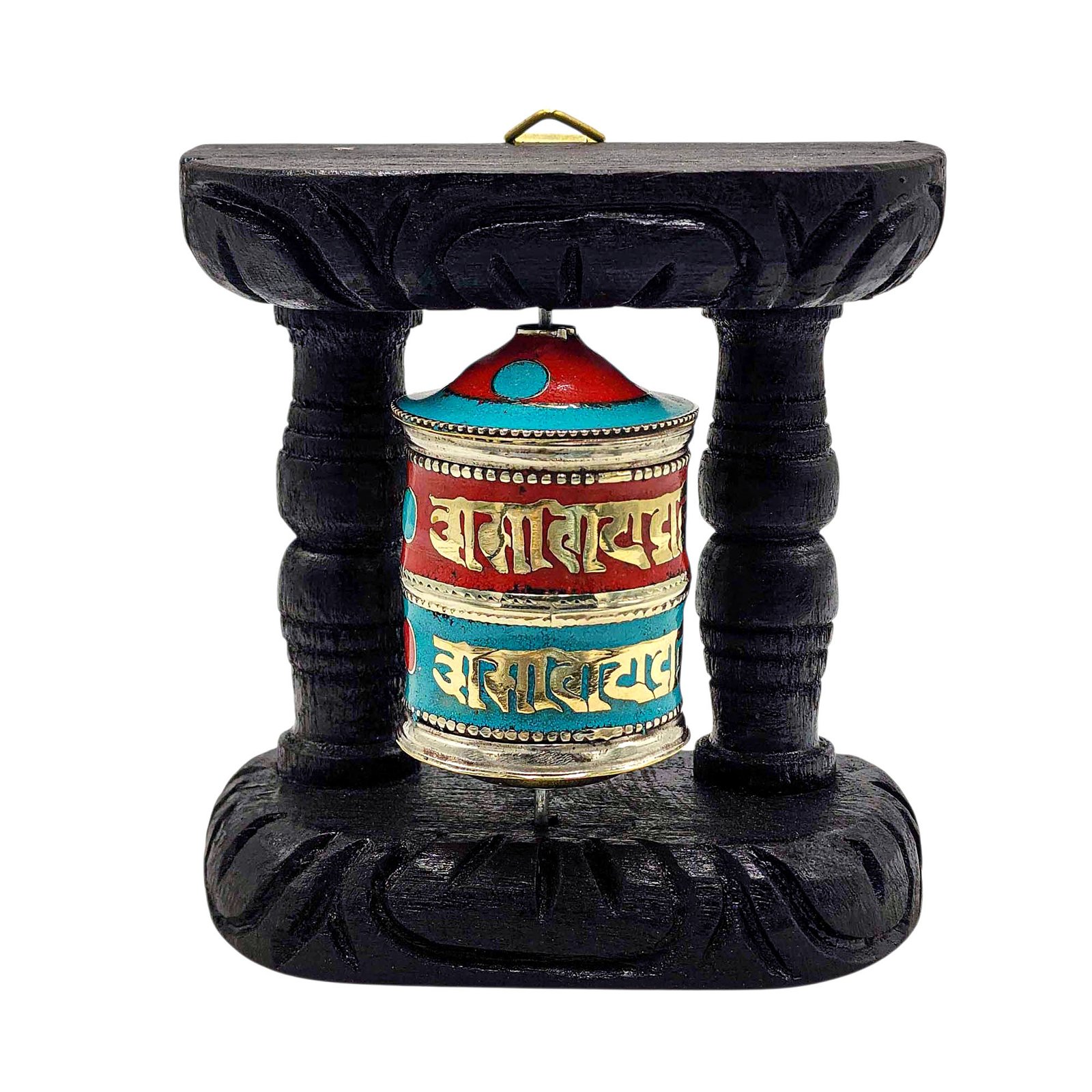Handmade Buddhist Wall Prayer Wheel With Mantra Inside, Stone Setting, OMPH, Wall Mountable