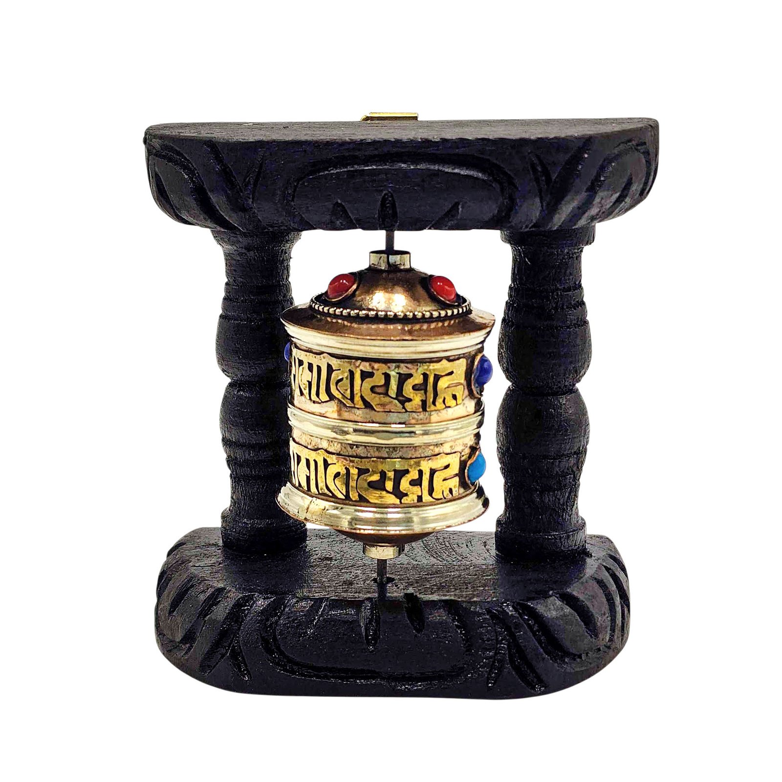 Handmade Buddhist Wall Prayer Wheel With Mantra Inside, Stone Setting, OMPH, Wall Mountable