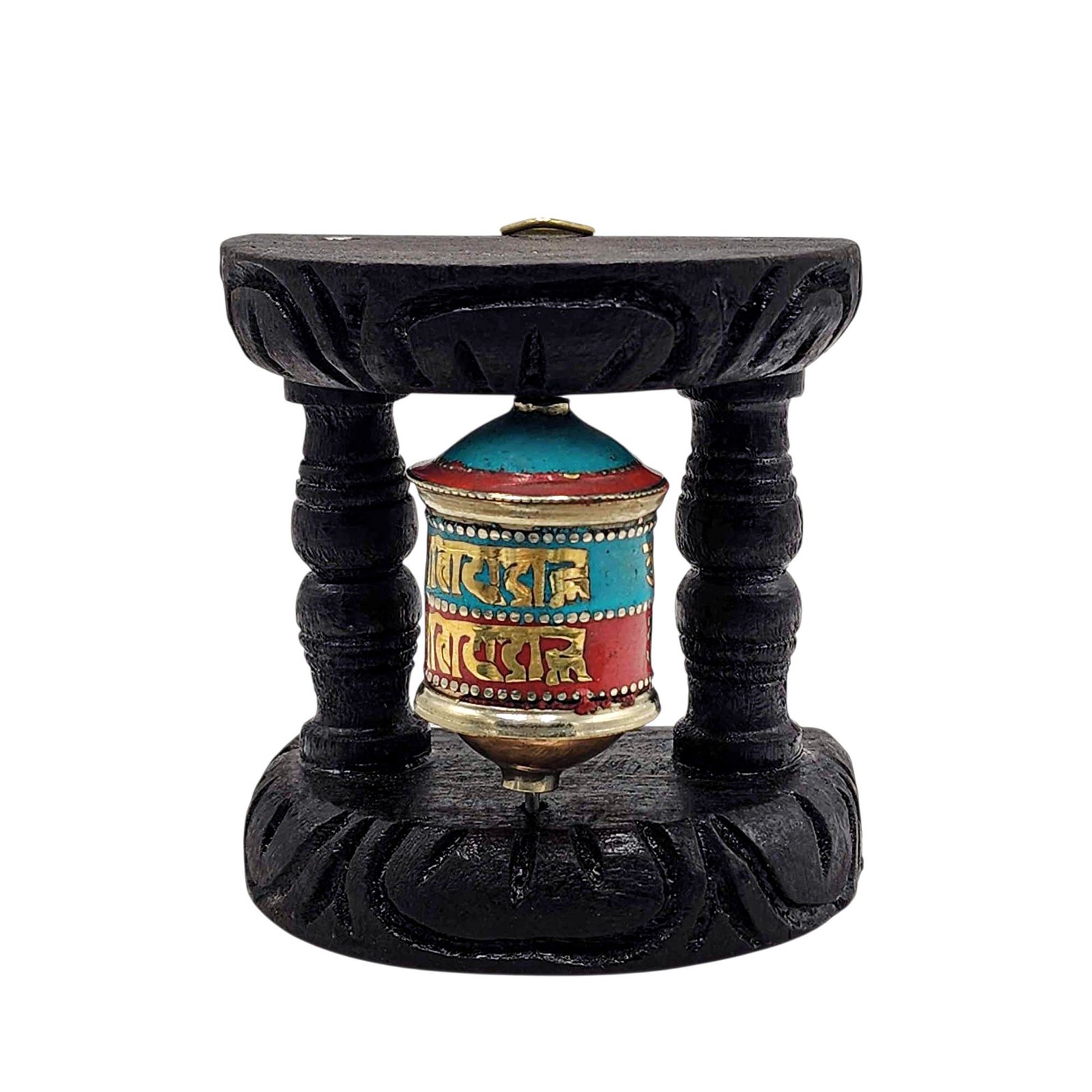 Handmade Buddhist Wall Prayer Wheel With Mantra Inside, Stone Setting, OMPH, Wall Mountable