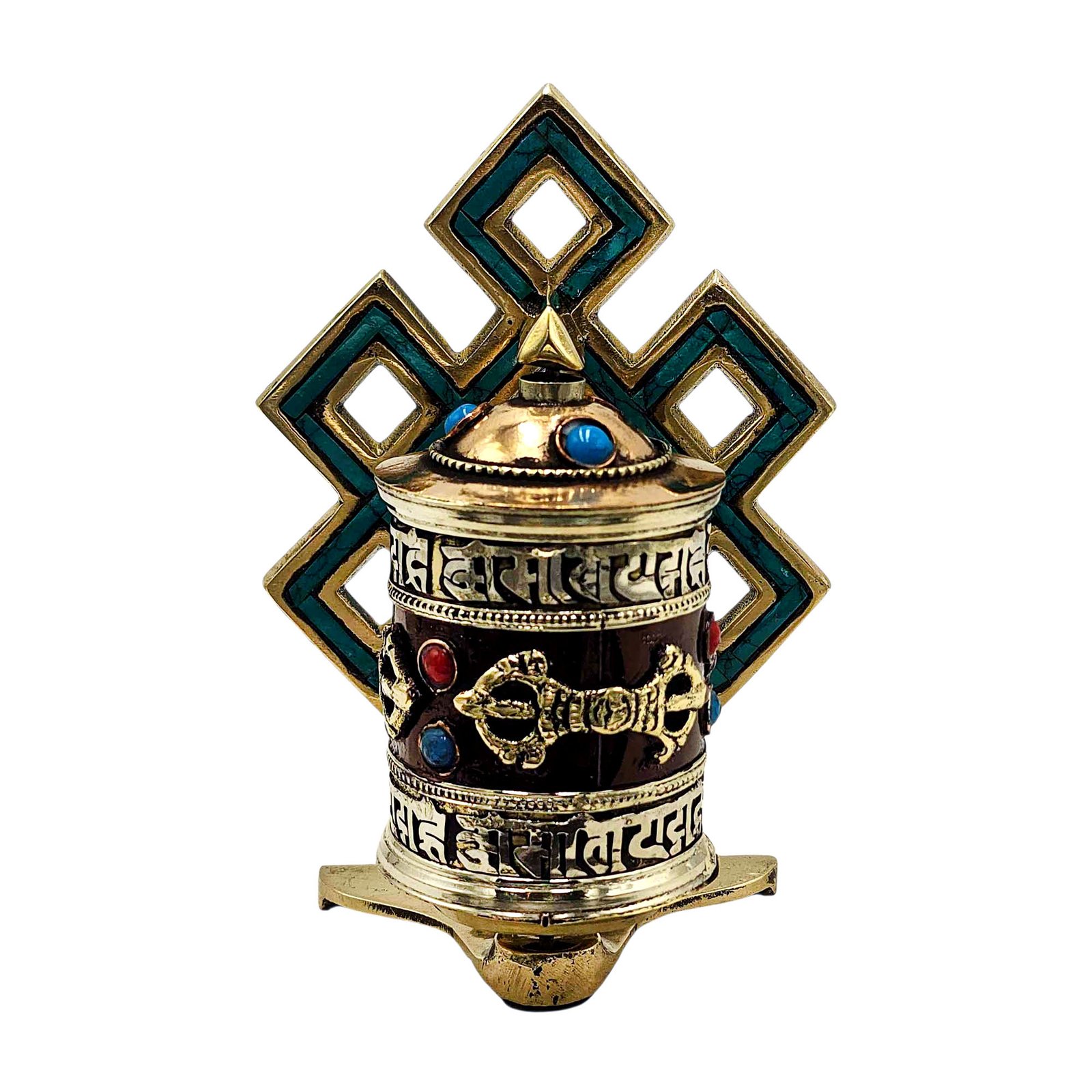 Buddhist Metal Prayer Wheel Table Top, OMPH Mantra With Stone Setting And Dorje Design