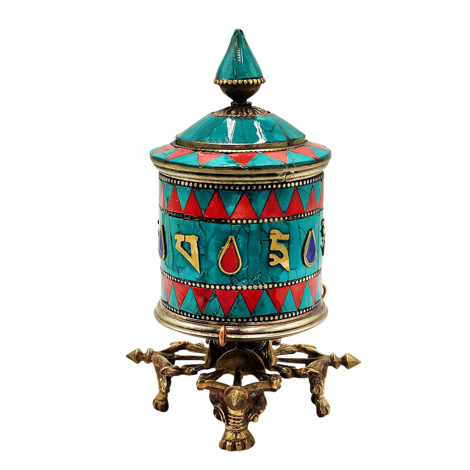 Buddhist Metal Prayer Wheel Table Top, OMPH Mantra With Stone Setting Design