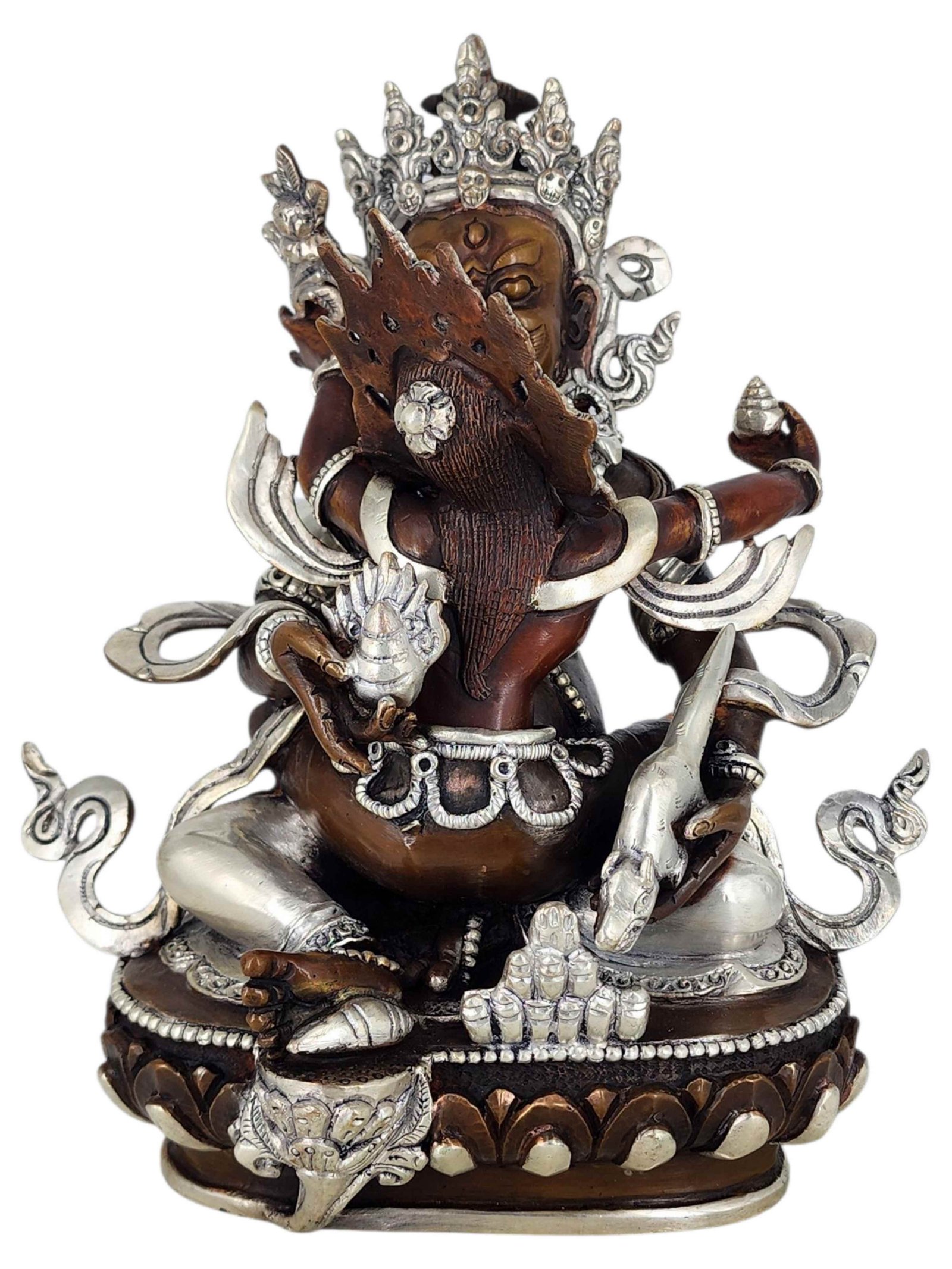 Green Jambhala Prosperity Deity Shakti Yab Yum Statue Copper With Silver And Chocolate Oxidized Finish