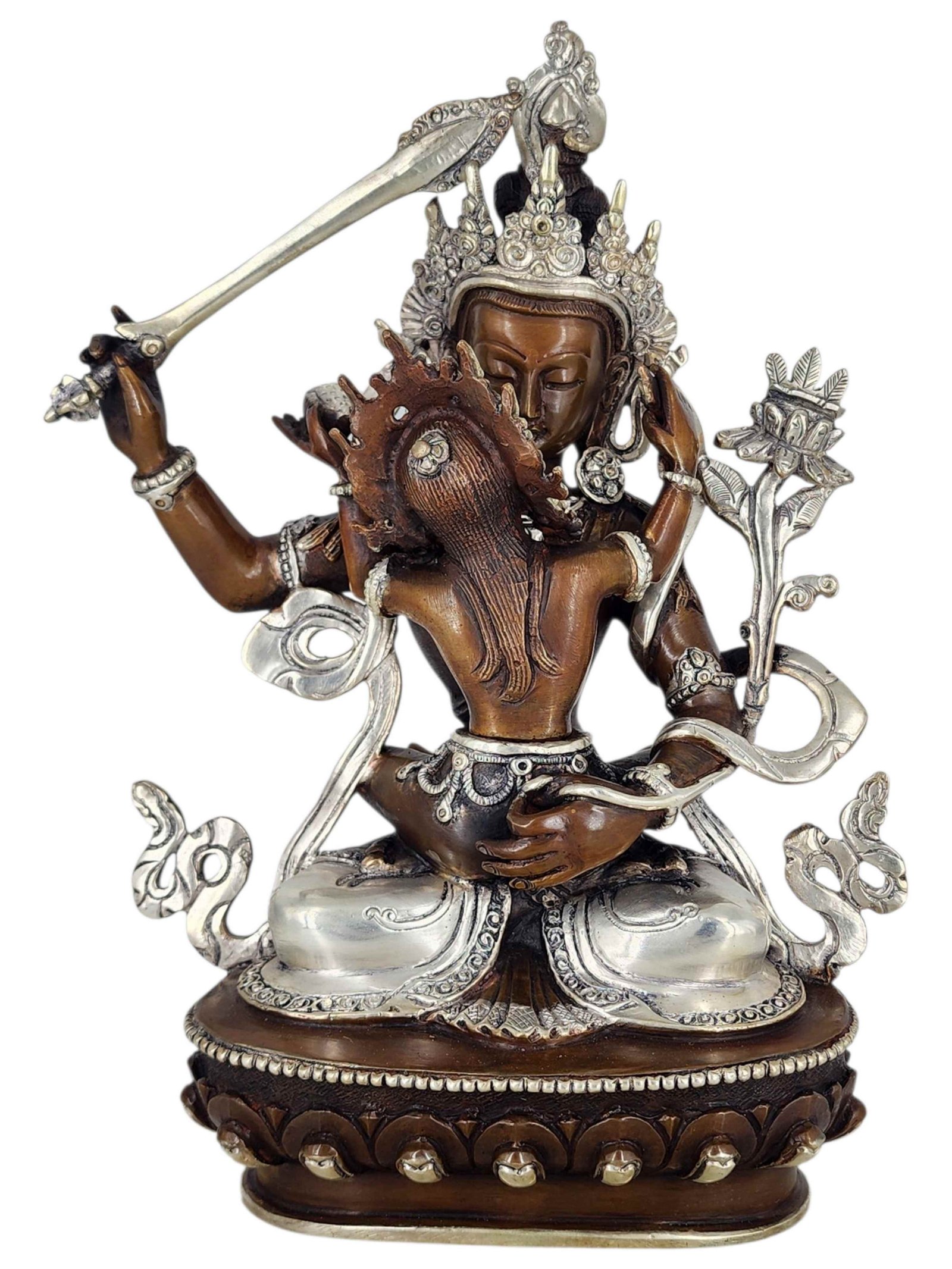 Manjushri Wisdom Bodhisattva Shakti Yab Yum Statue Copper With Silver And Chocolate Oxidized Finish
