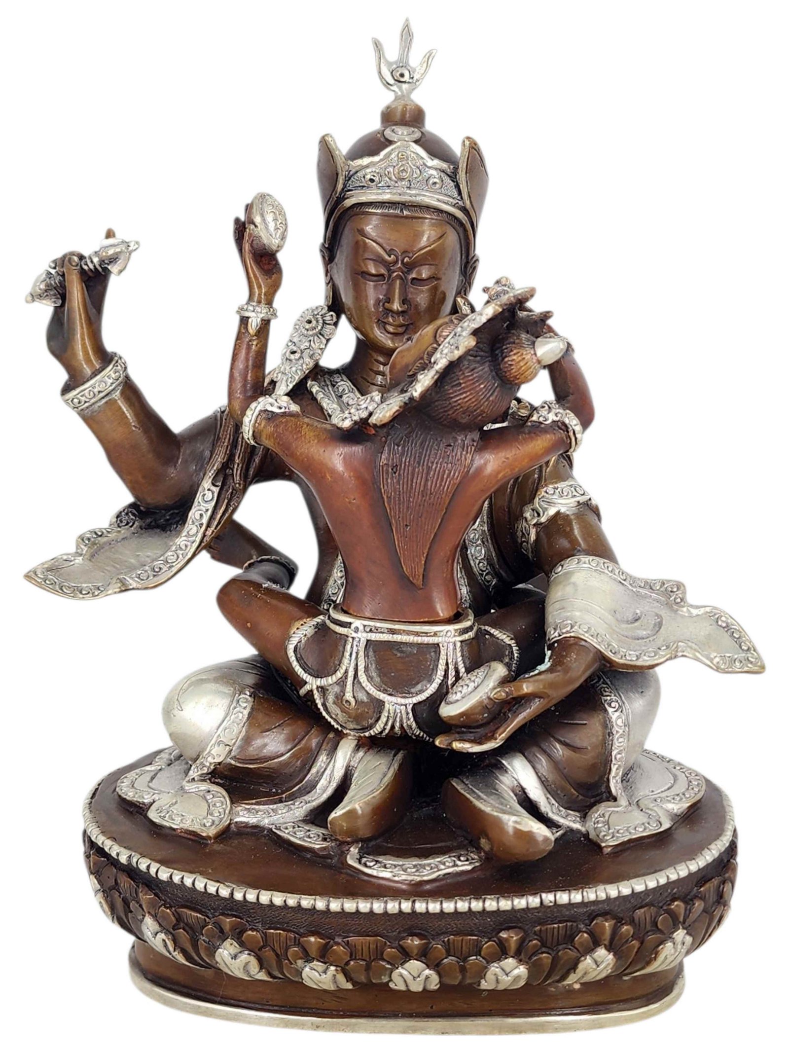 Padmasambhava Guru Rinpoche Shakti Yab Yum Statue Copper With Silver And Chocolate Oxidized Finish