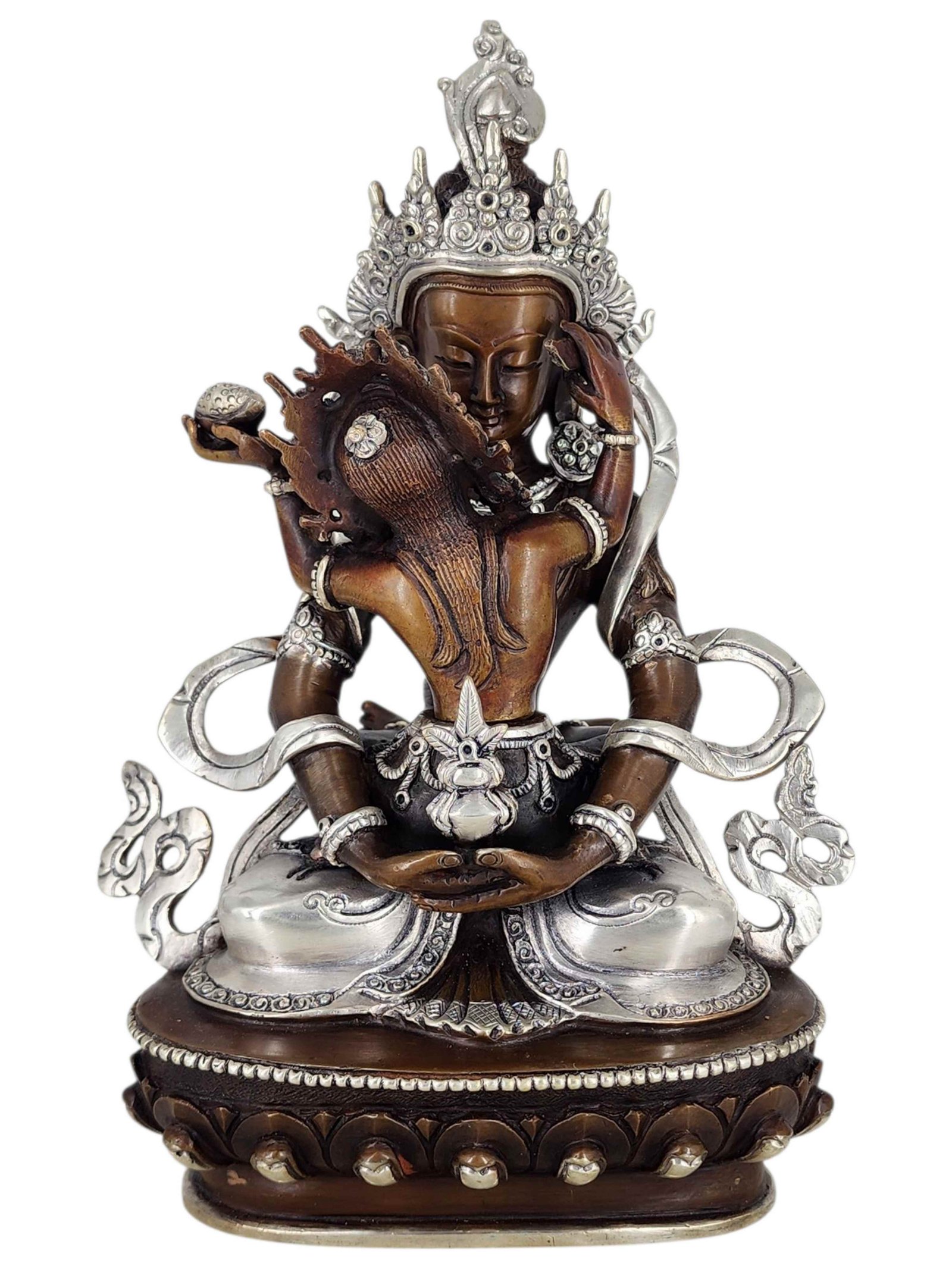 Aparimita Long Life Buddha Shakti Yab Yum Statue Copper With Silver And Chocolate Oxidized Finish