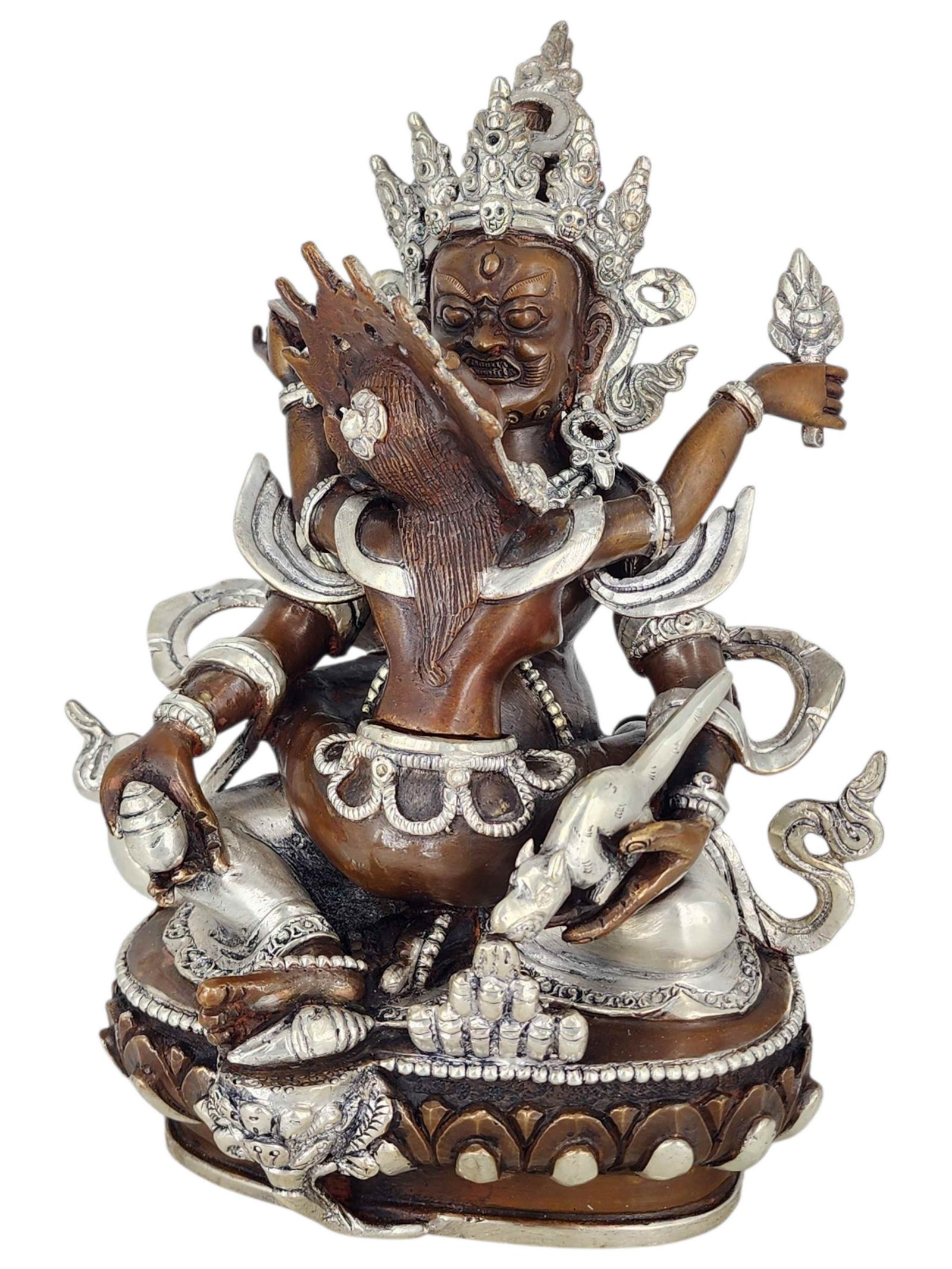 Yellow Jambhala Wealth Deity Shakti Yab Yum Statue Copper With Silver And Chocolate Oxidized Finish