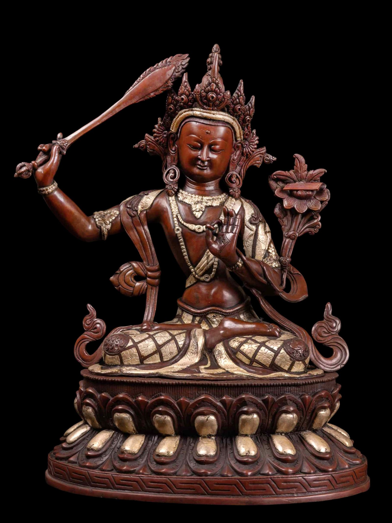 [manjushri] Handmade Nepali Buddhist Statue, [silver Inlaid Finish], [hand Painted Face]