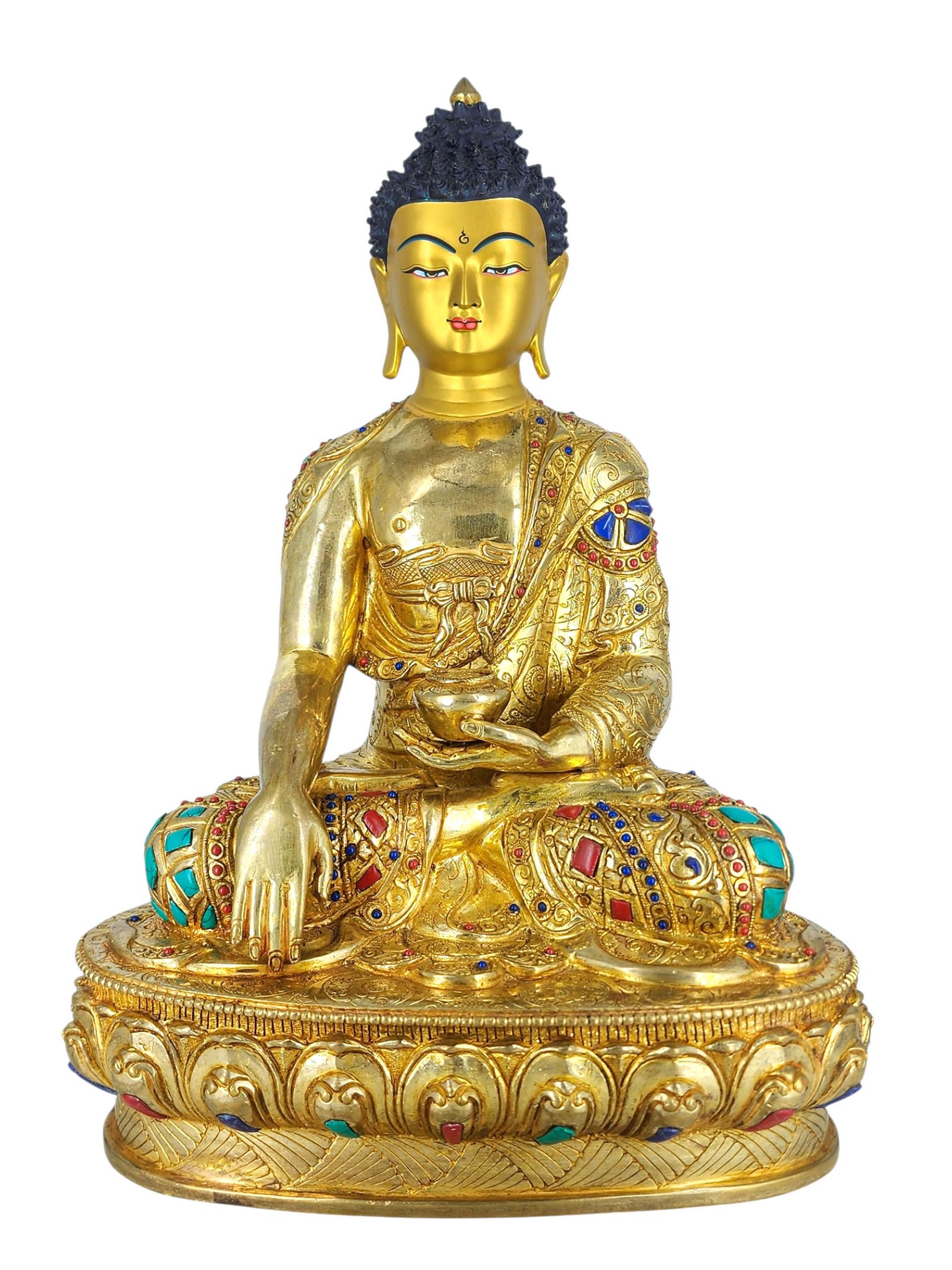 [shakyamuni] Handmade Nepali Buddhist Statue, [full Gold Plated], [stone Setting], [face Painted]