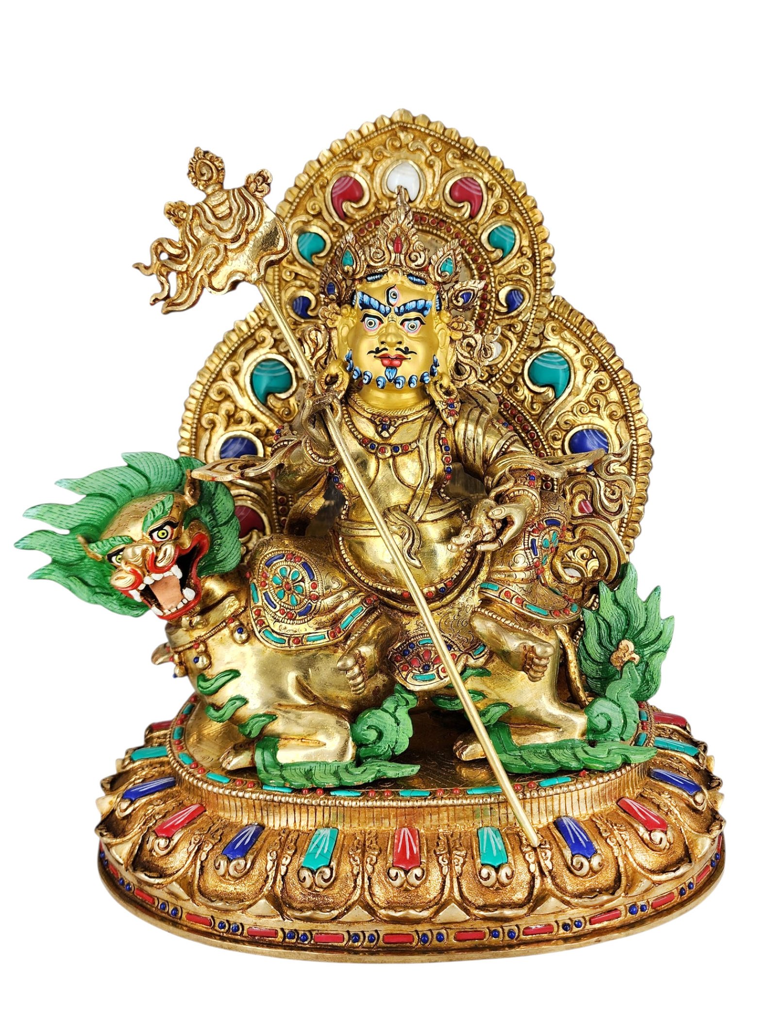 Buddhist Handmade Statue Of Singha Kuber, [jambhala Namtose On Throne], [full Gold Plated], [stone Setting], [face Painted]