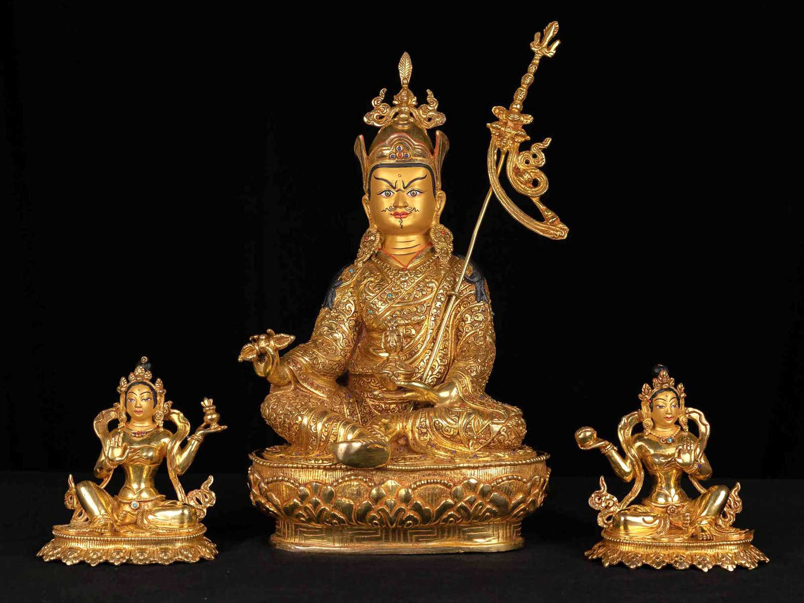 [padmasambhava Set] Handmade Nepali Buddhist Statue, [full Gold Plated], [face Painted]