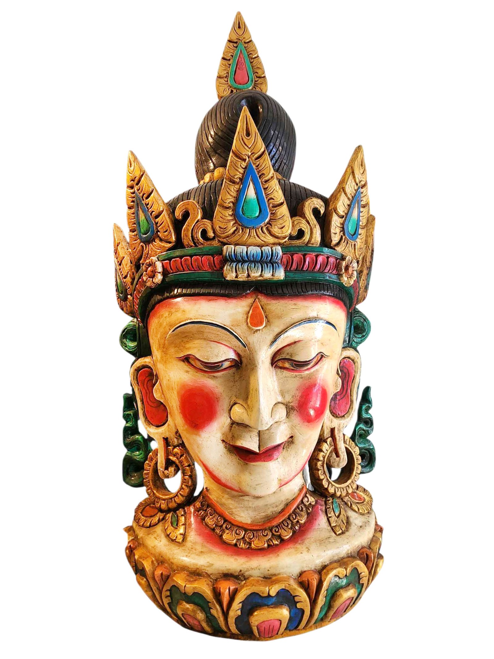 Buddhist Handmade Wooden Head, [white Tara], Tibetan Style With [traditional Color], [poplar Wood]