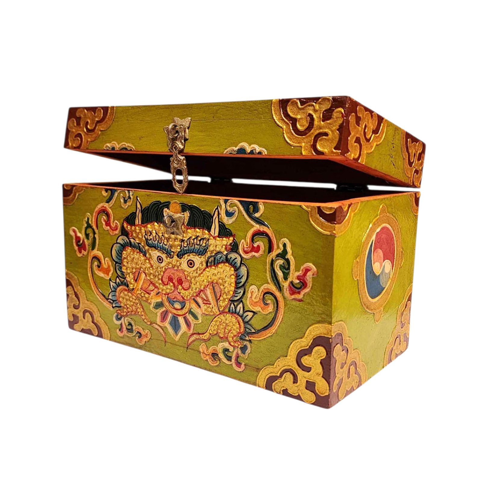 Buddhist Wooden Box With [cheppu] Design, Tibetan Style With Traditional Color