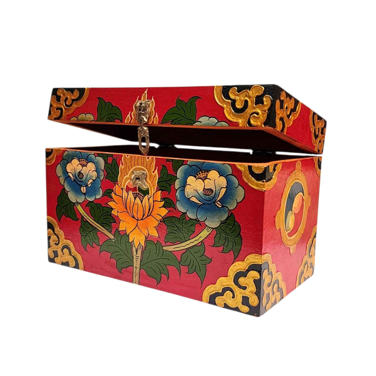 Buddhist Wooden Box With [flower] Design, Tibetan Style With Traditional Color