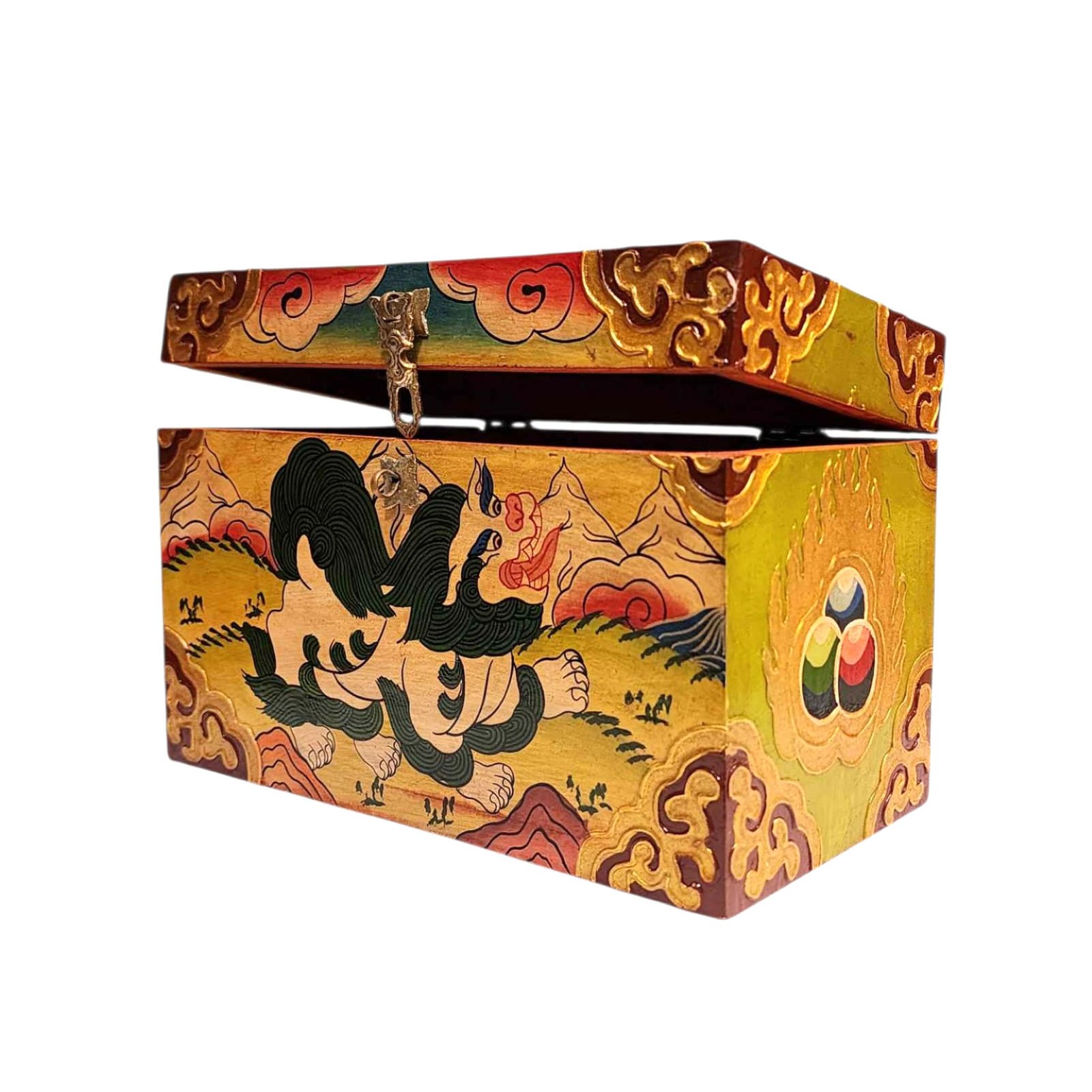 Buddhist Wooden Box With [snow Lion] Design, Tibetan Style With Traditional Color