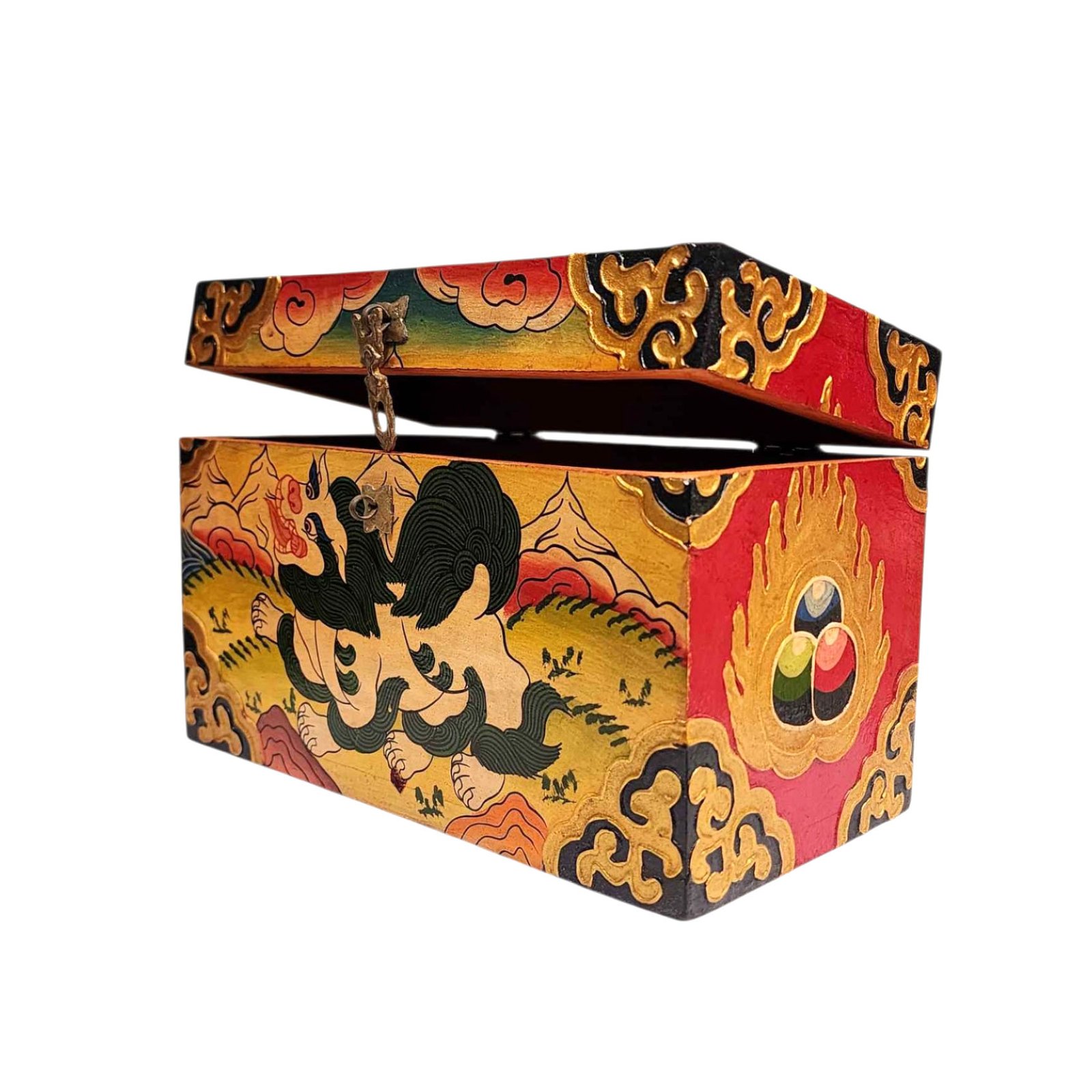 Buddhist Wooden Box With [snow Lion] Design, Tibetan Style With Traditional Color